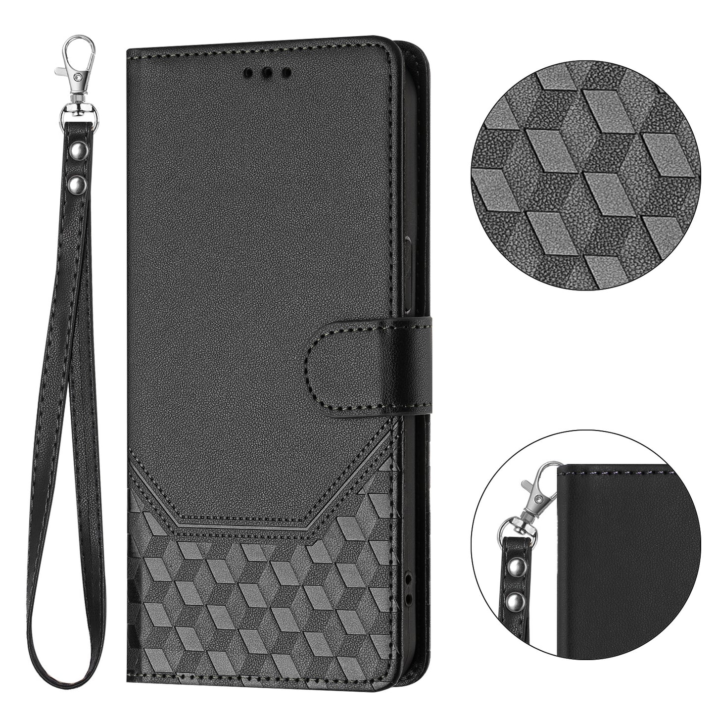 For iPhone 17 Pro Max Case Imprinted Honeycomb RFID Blocking Leather Phone Cover with Strap - Black