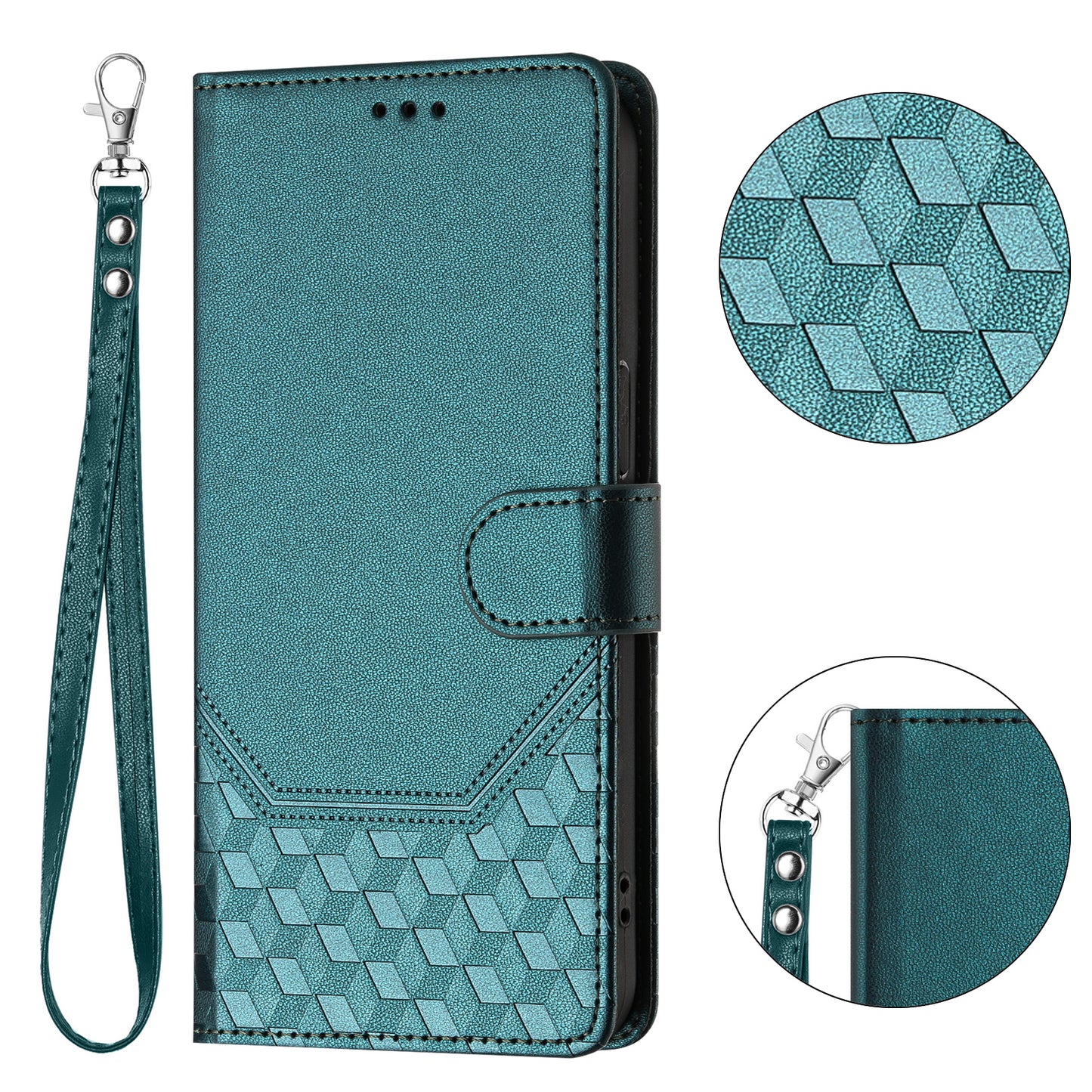 For iPhone 17 Pro Max Case Imprinted Honeycomb RFID Blocking Leather Phone Cover with Strap - Green