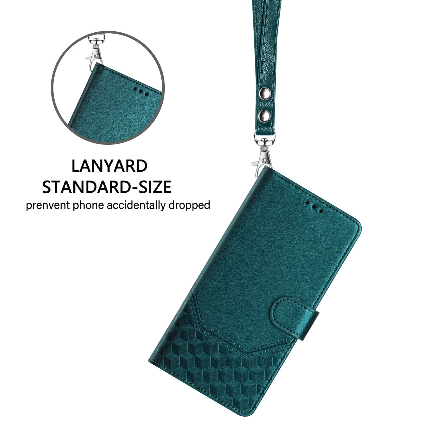 For iPhone 17 Pro Max Case Imprinted Honeycomb RFID Blocking Leather Phone Cover with Strap - Green