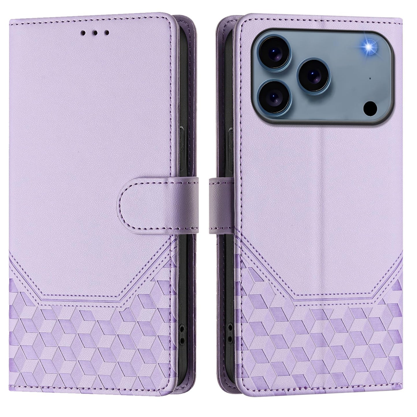 For iPhone 17 Pro Max Case Imprinted Honeycomb RFID Blocking Leather Phone Cover with Strap - Light Purple