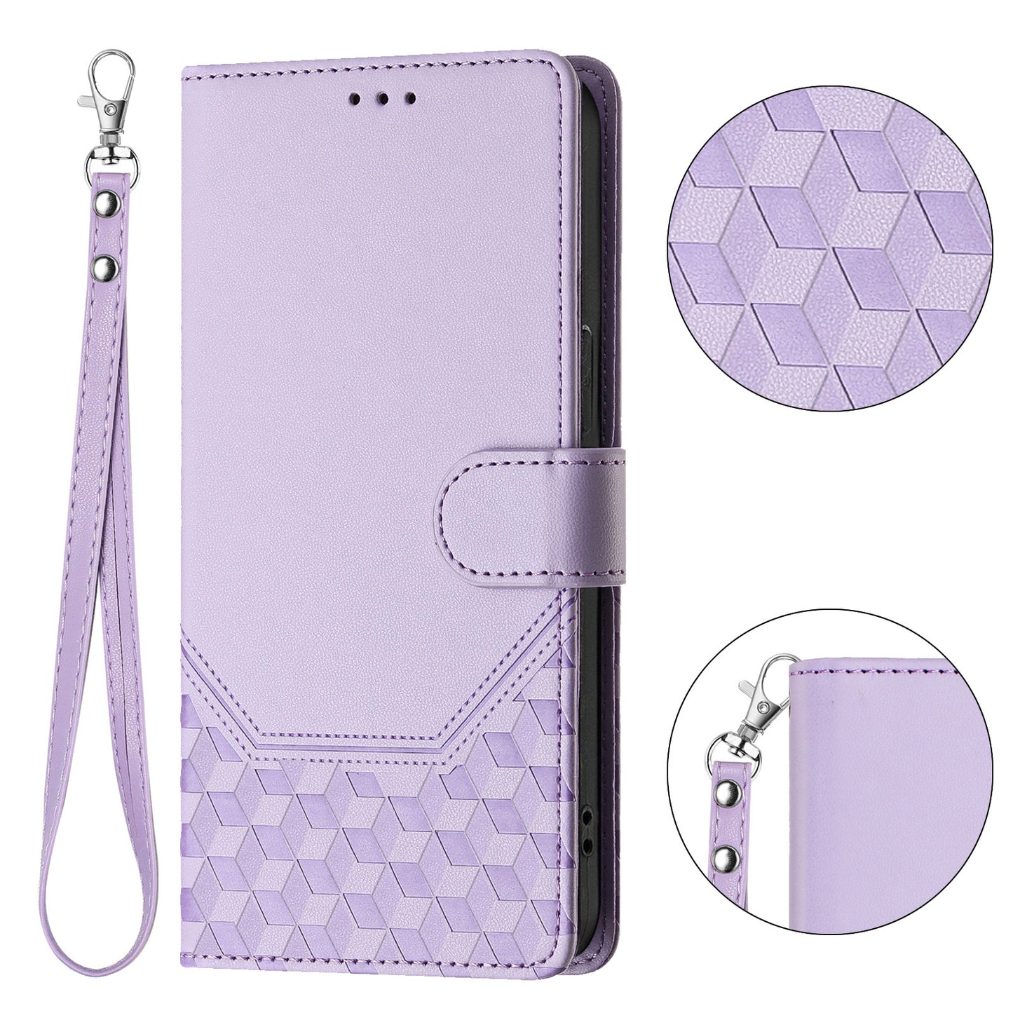 For iPhone 17 Pro Max Case Imprinted Honeycomb RFID Blocking Leather Phone Cover with Strap - Light Purple