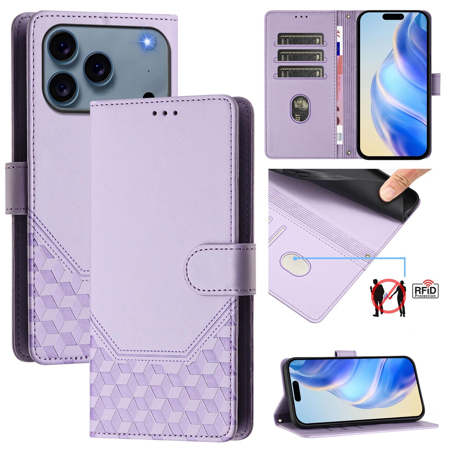 For iPhone 17 Pro Max Case Imprinted Honeycomb RFID Blocking Leather Phone Cover with Strap - Light Purple