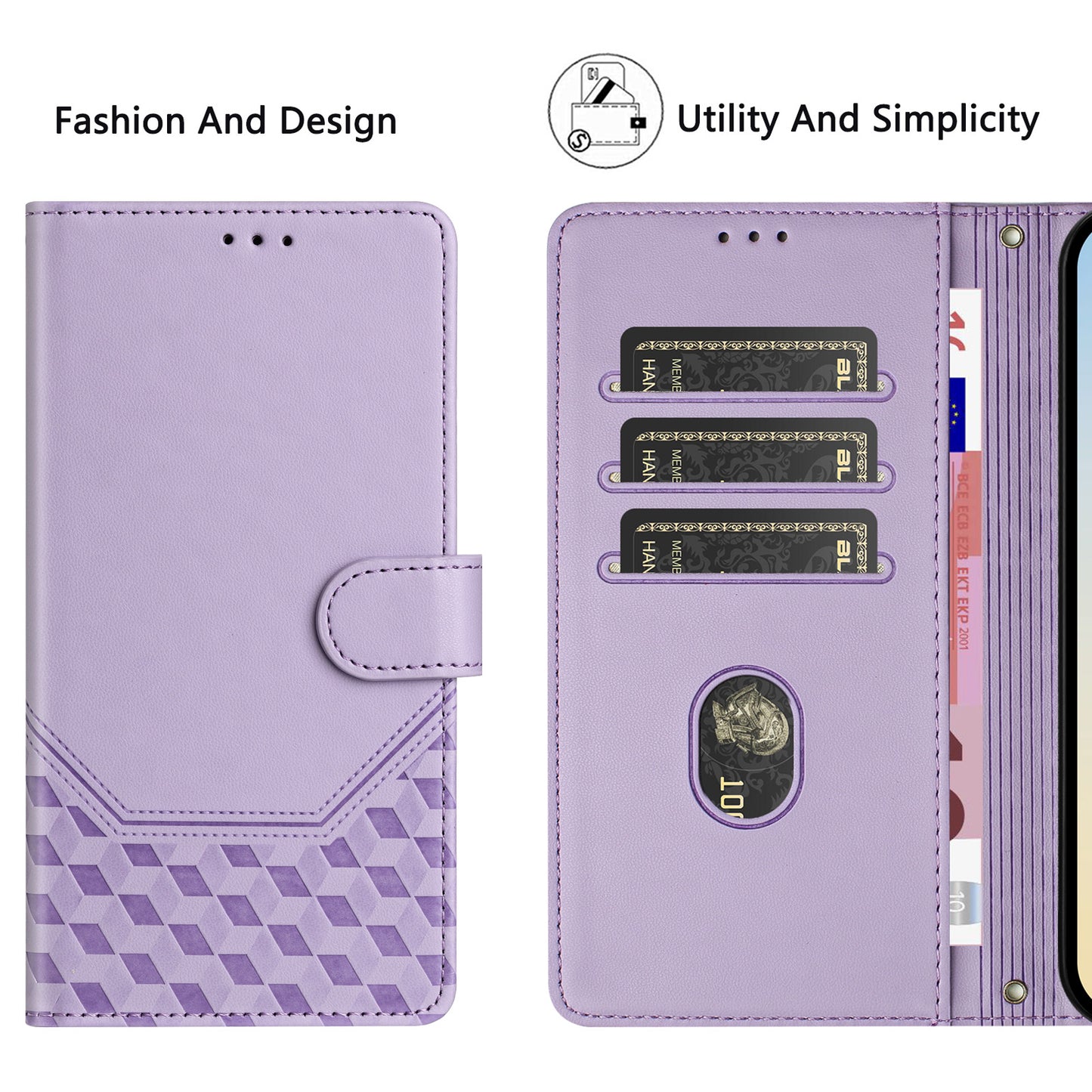 For iPhone 17 Pro Max Case Imprinted Honeycomb RFID Blocking Leather Phone Cover with Strap - Light Purple