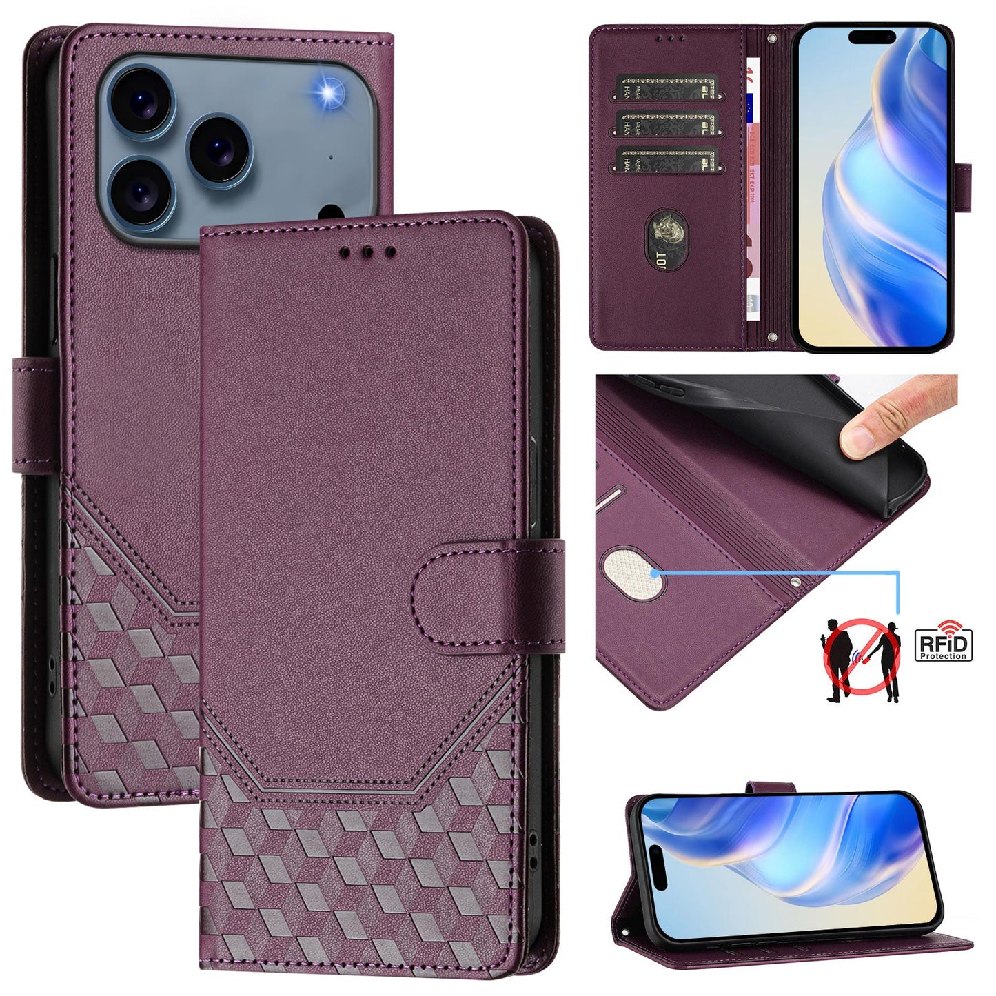 For iPhone 17 Pro Max Case Imprinted Honeycomb RFID Blocking Leather Phone Cover with Strap - Dark Purple