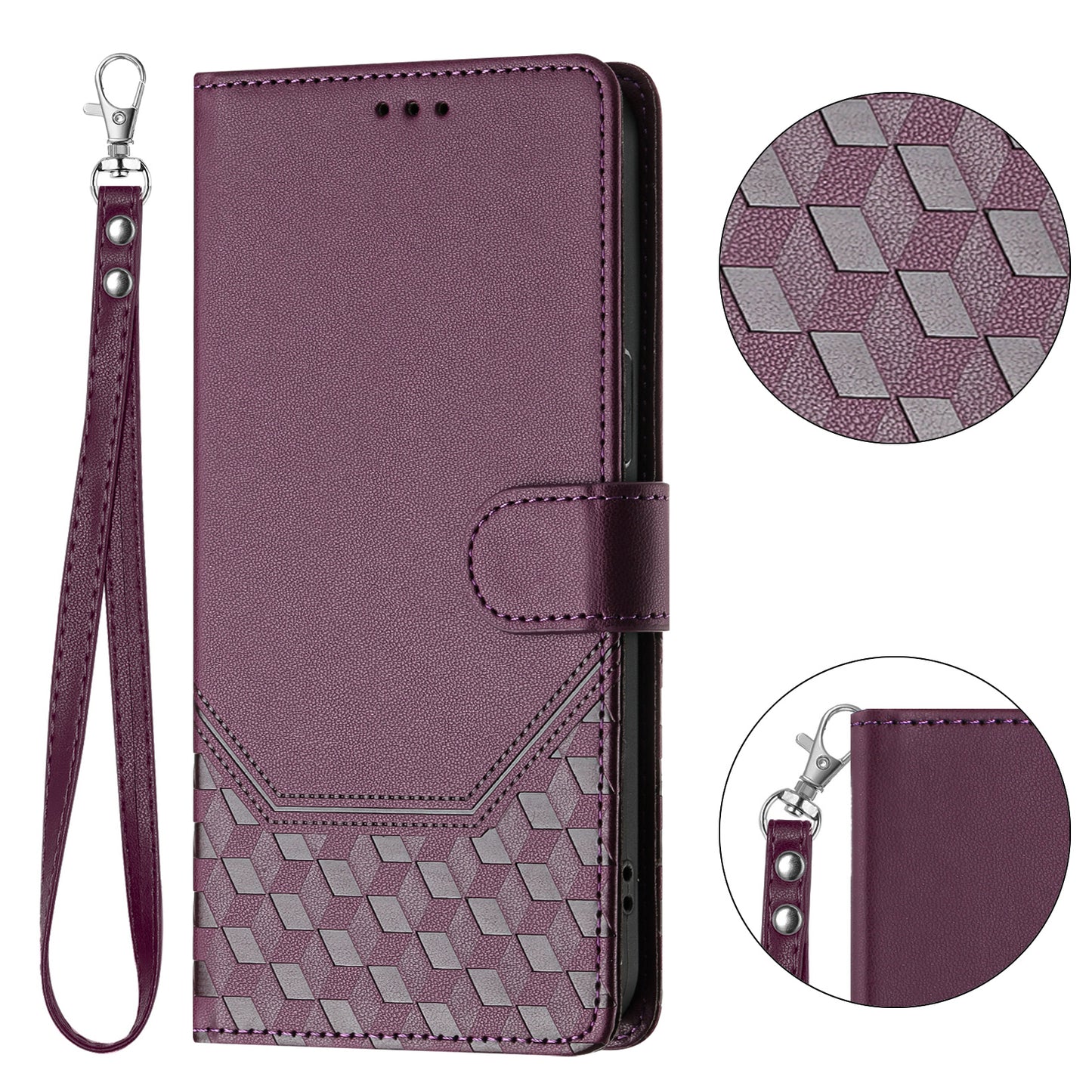 For iPhone 17 Pro Max Case Imprinted Honeycomb RFID Blocking Leather Phone Cover with Strap - Dark Purple