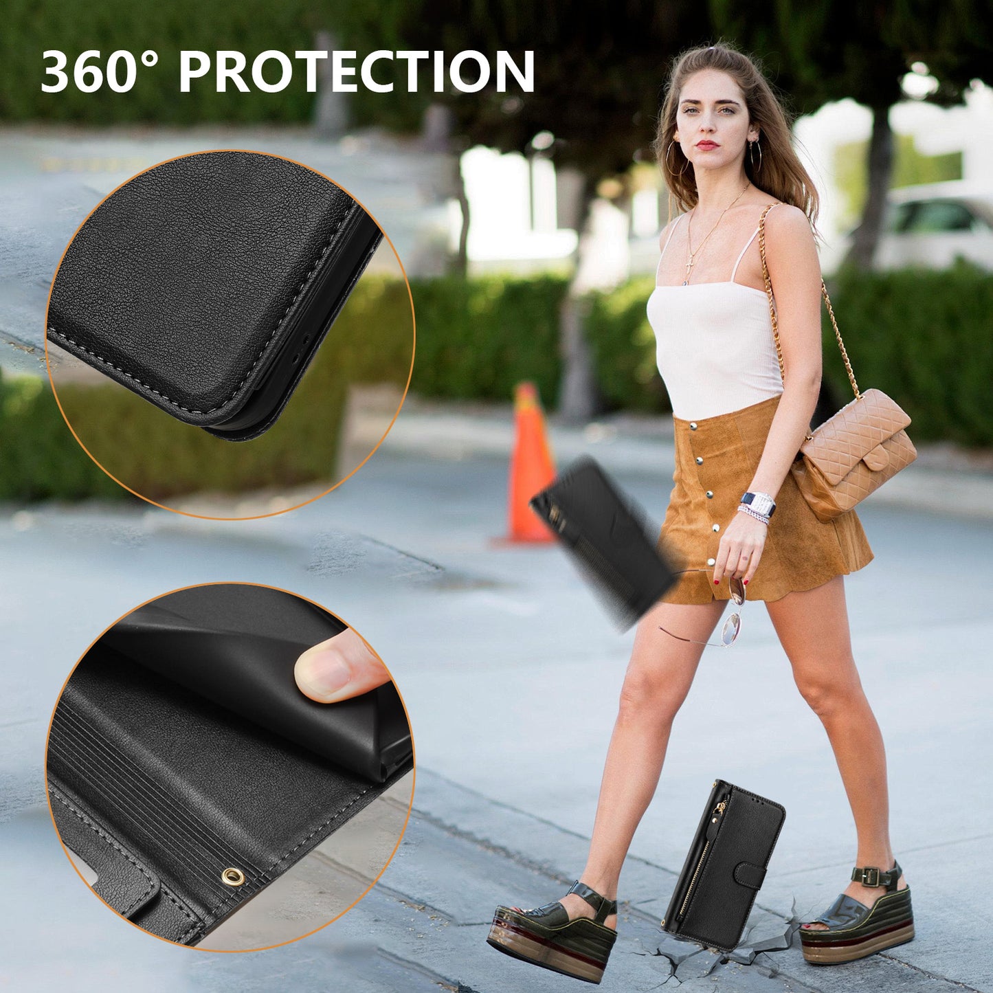 For iPhone 17 Pro Max Case Zipper Pocket Multiple Card Slots Leather Phone Cover - Black