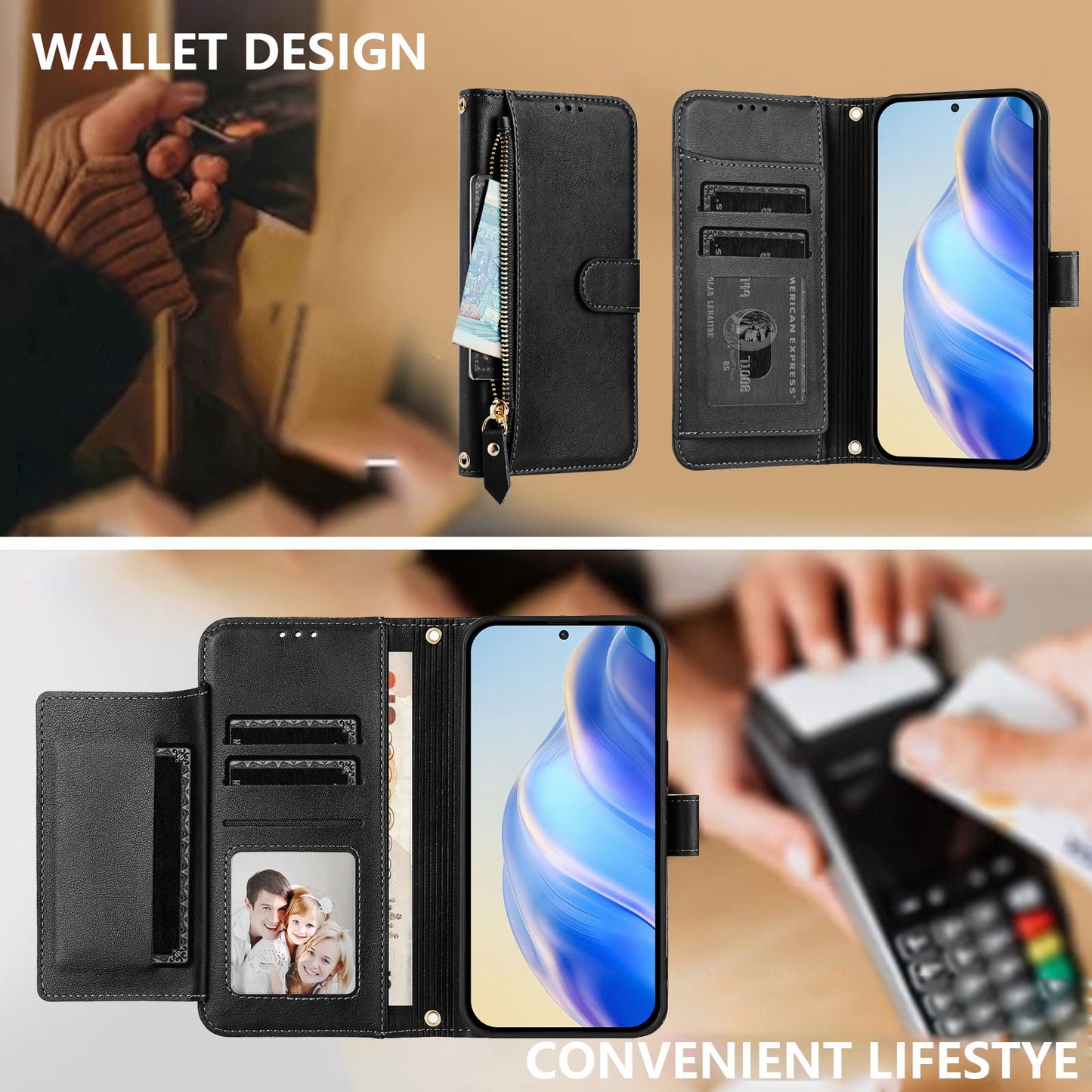 For iPhone 17 Pro Max Case Zipper Pocket Multiple Card Slots Leather Phone Cover - Black