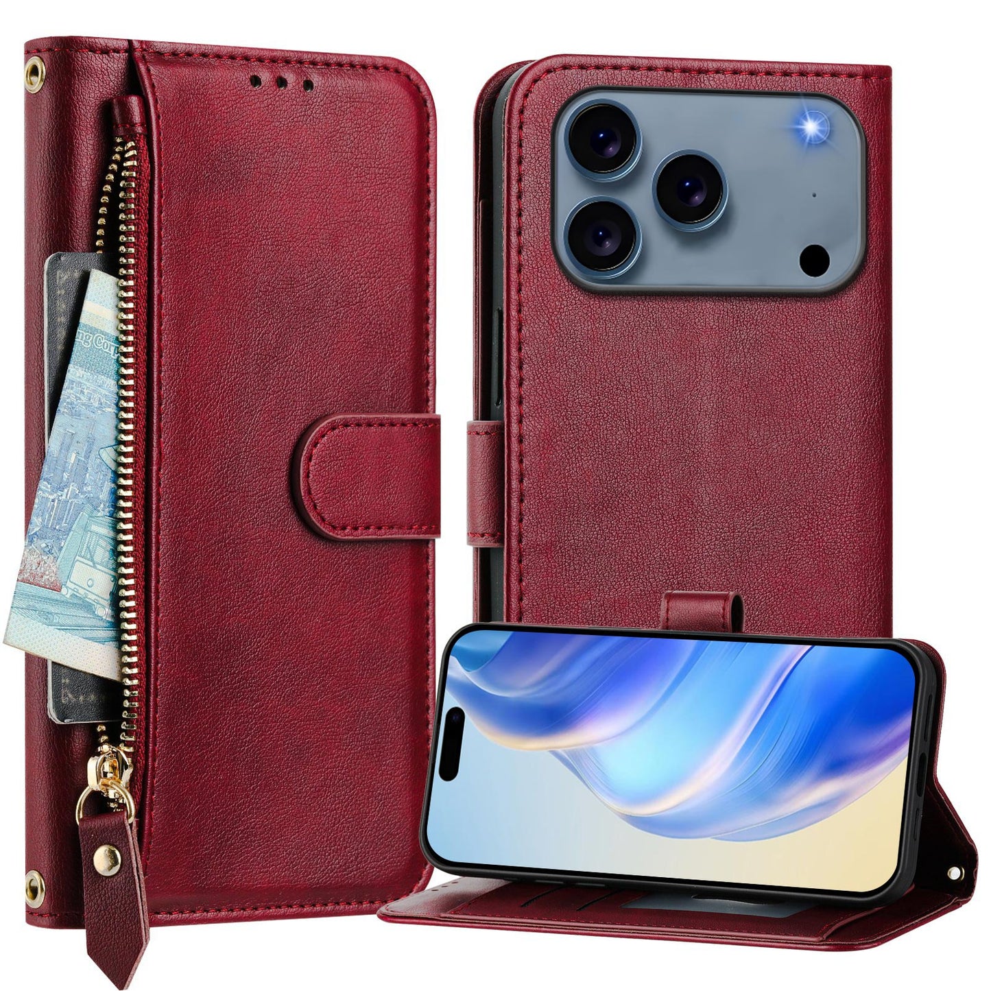 For iPhone 17 Pro Max Case Zipper Pocket Multiple Card Slots Leather Phone Cover - Red