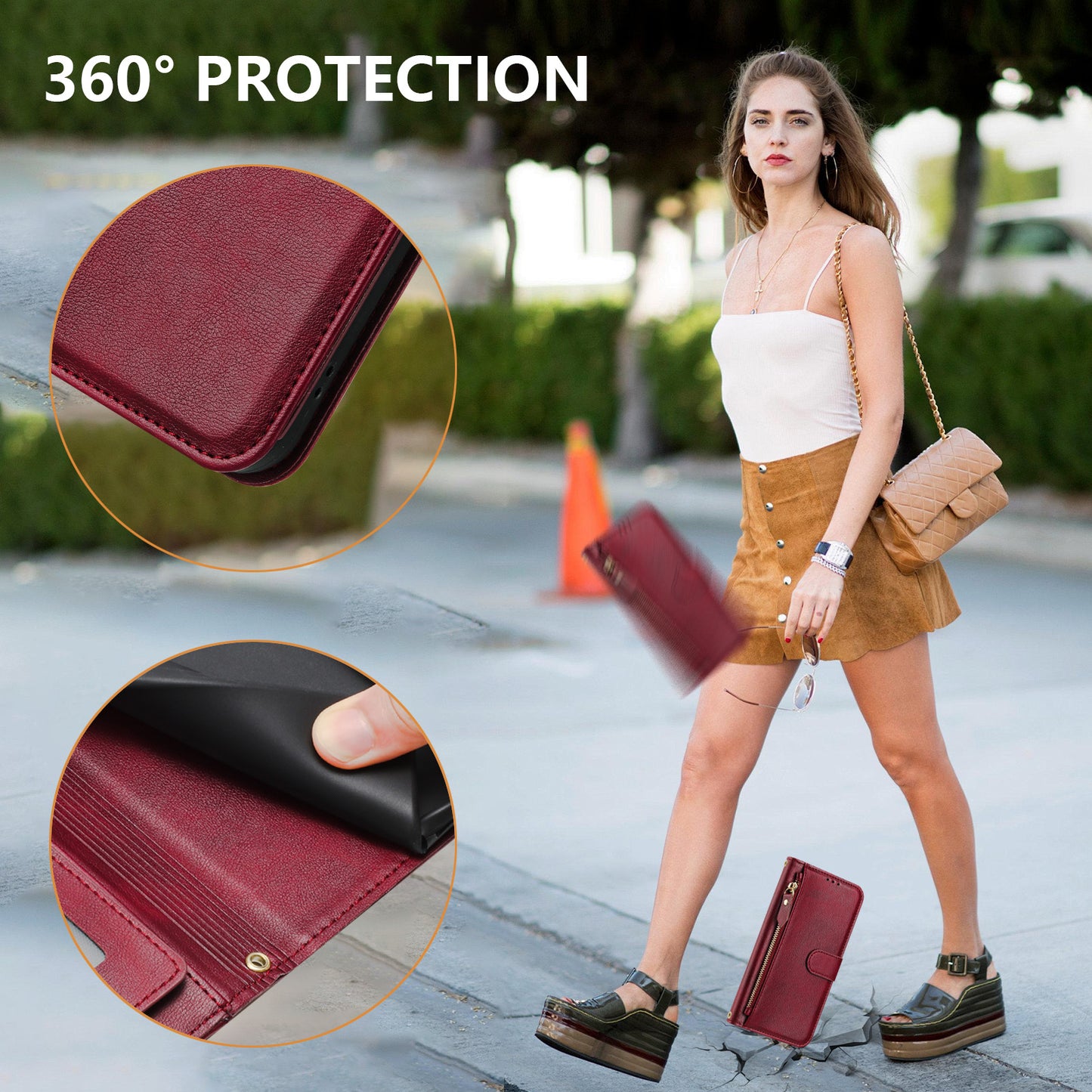 For iPhone 17 Pro Max Case Zipper Pocket Multiple Card Slots Leather Phone Cover - Red