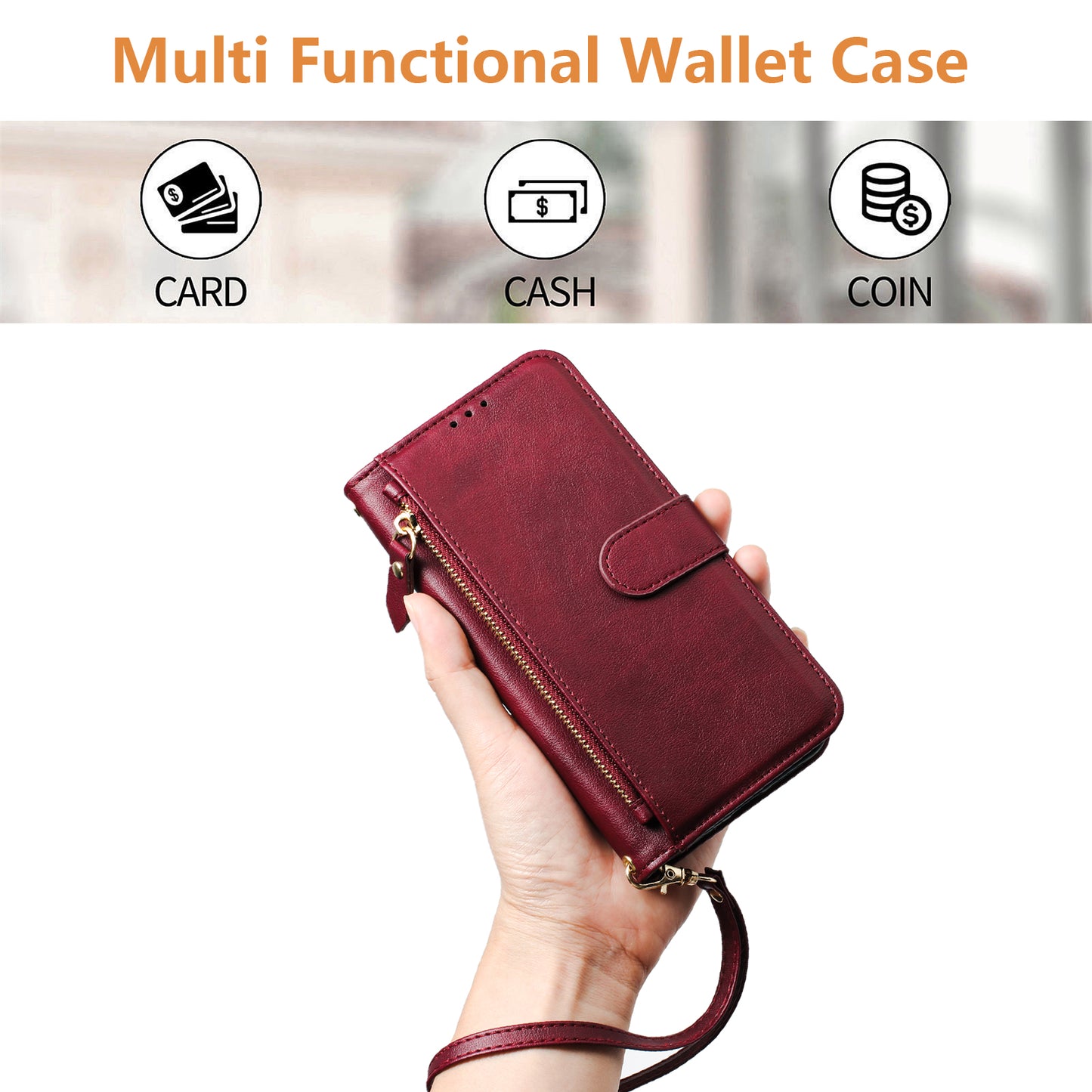 For iPhone 17 Pro Max Case Zipper Pocket Multiple Card Slots Leather Phone Cover - Red