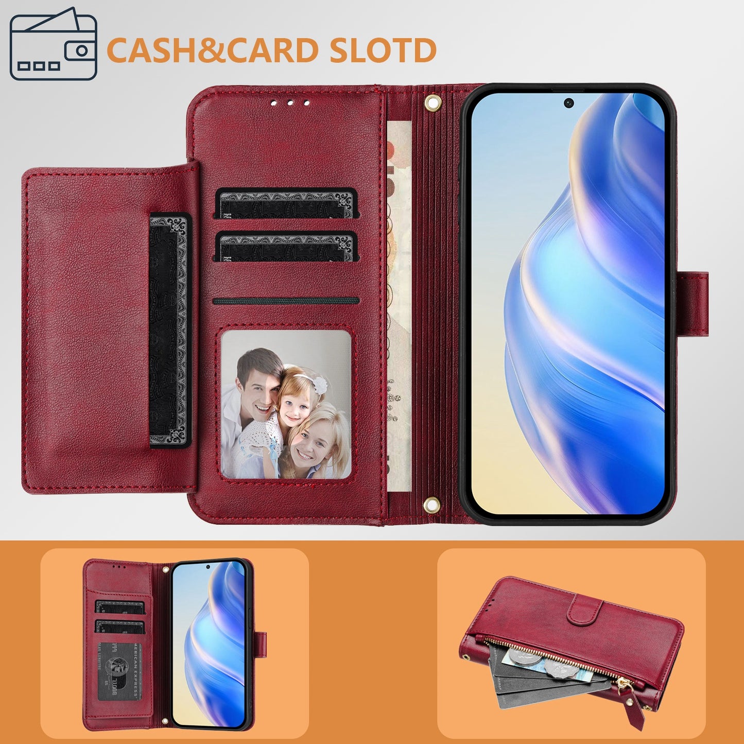 For iPhone 17 Pro Max Case Zipper Pocket Multiple Card Slots Leather Phone Cover - Red