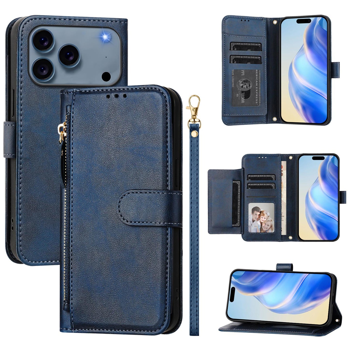For iPhone 17 Pro Max Case Zipper Pocket Multiple Card Slots Leather Phone Cover - Blue