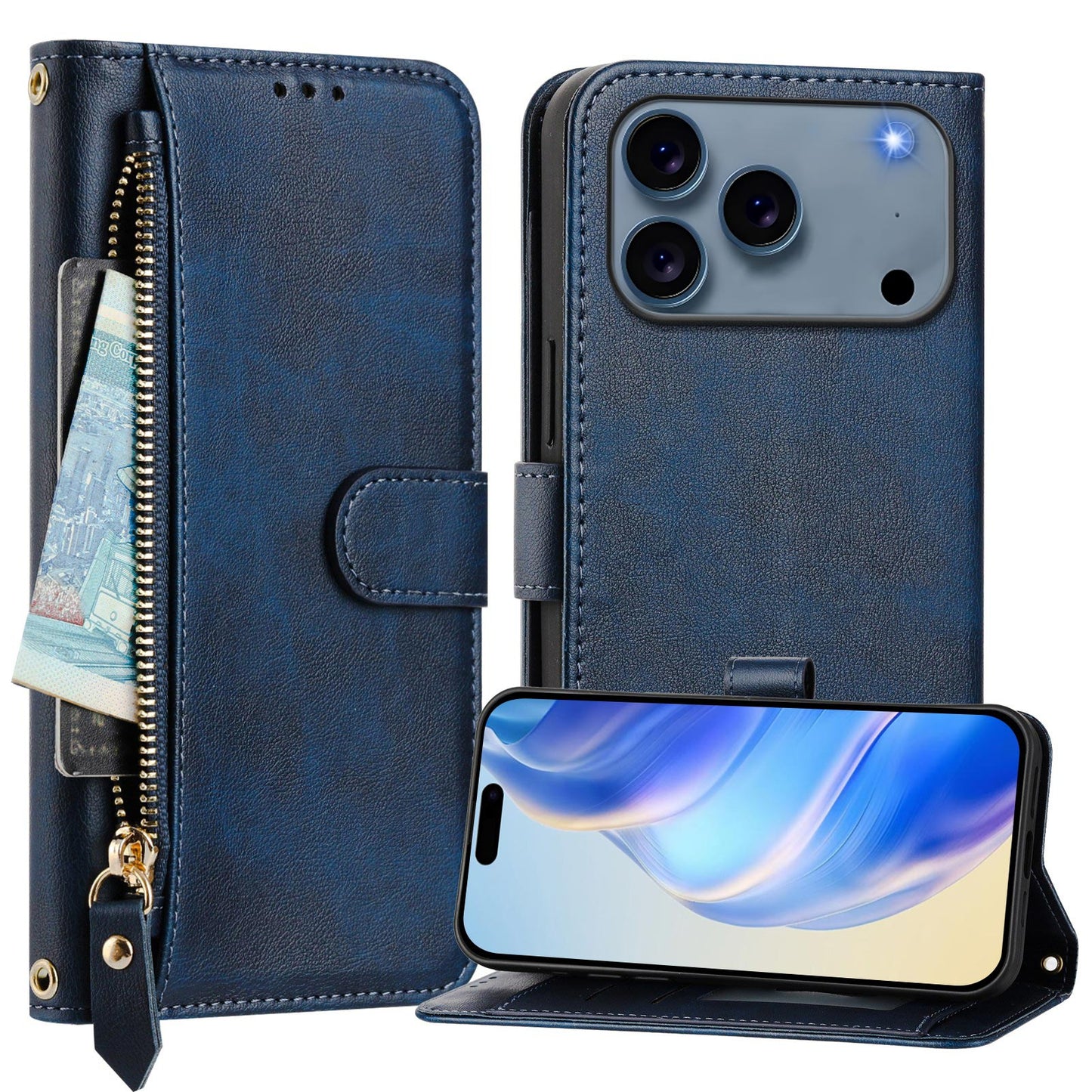 For iPhone 17 Pro Max Case Zipper Pocket Multiple Card Slots Leather Phone Cover - Blue