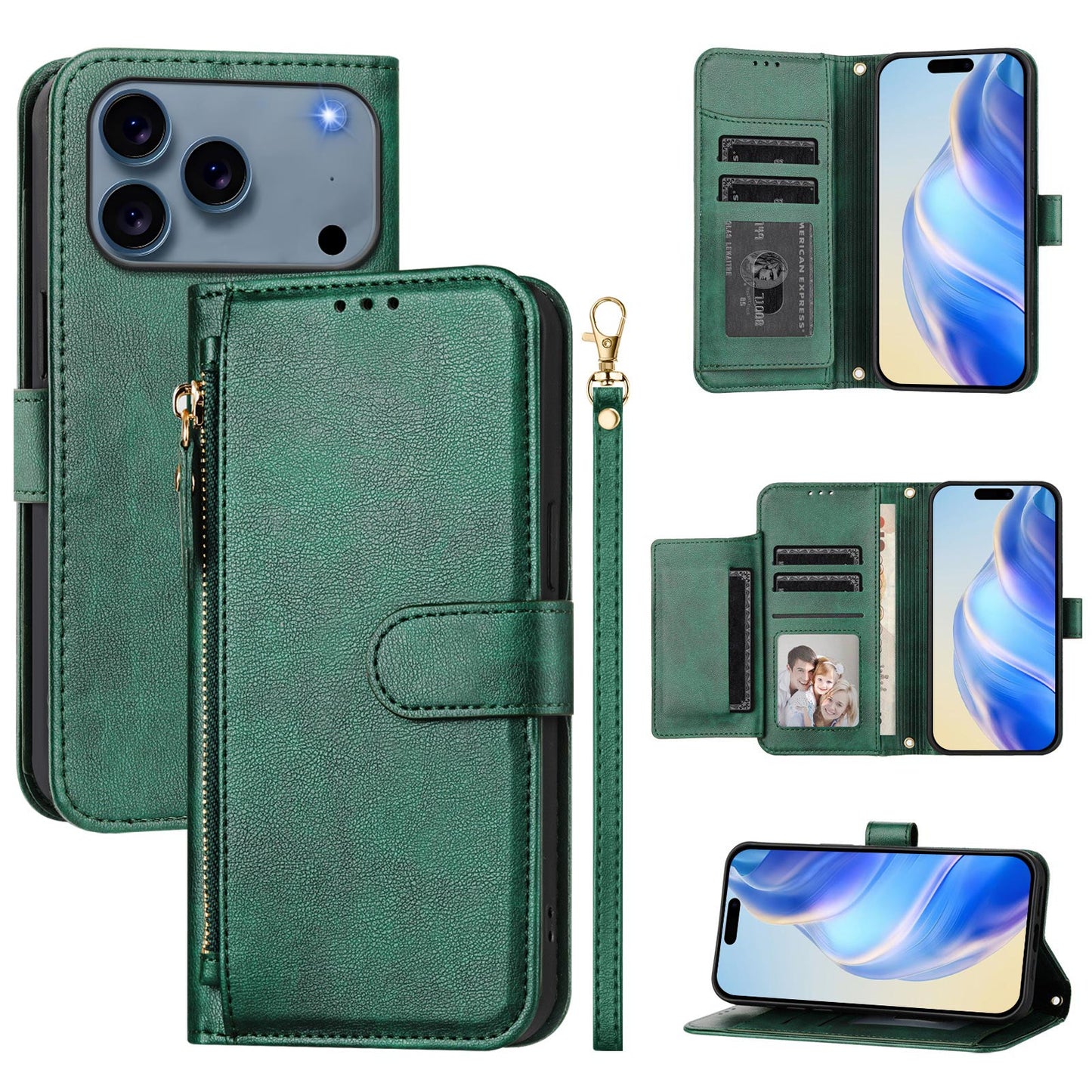 For iPhone 17 Pro Max Case Zipper Pocket Multiple Card Slots Leather Phone Cover - Green