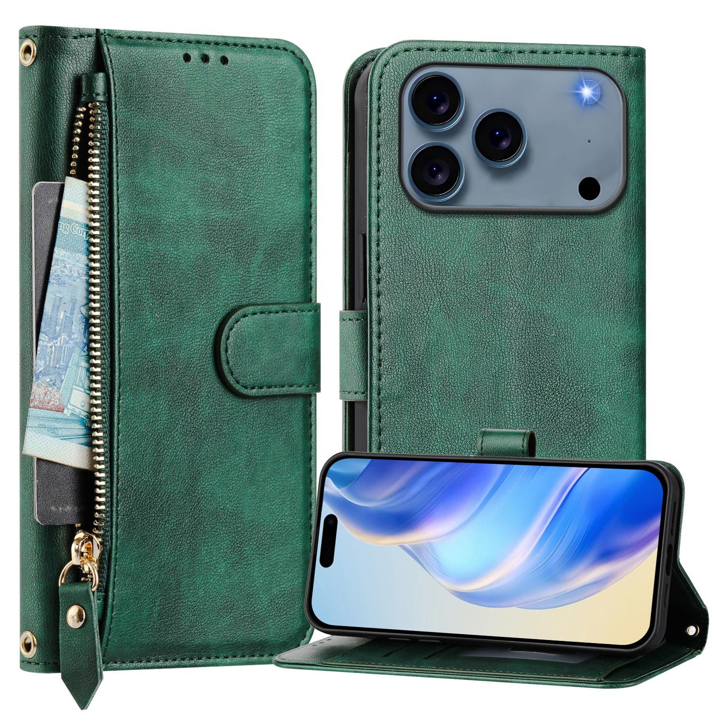 For iPhone 17 Pro Max Case Zipper Pocket Multiple Card Slots Leather Phone Cover - Green