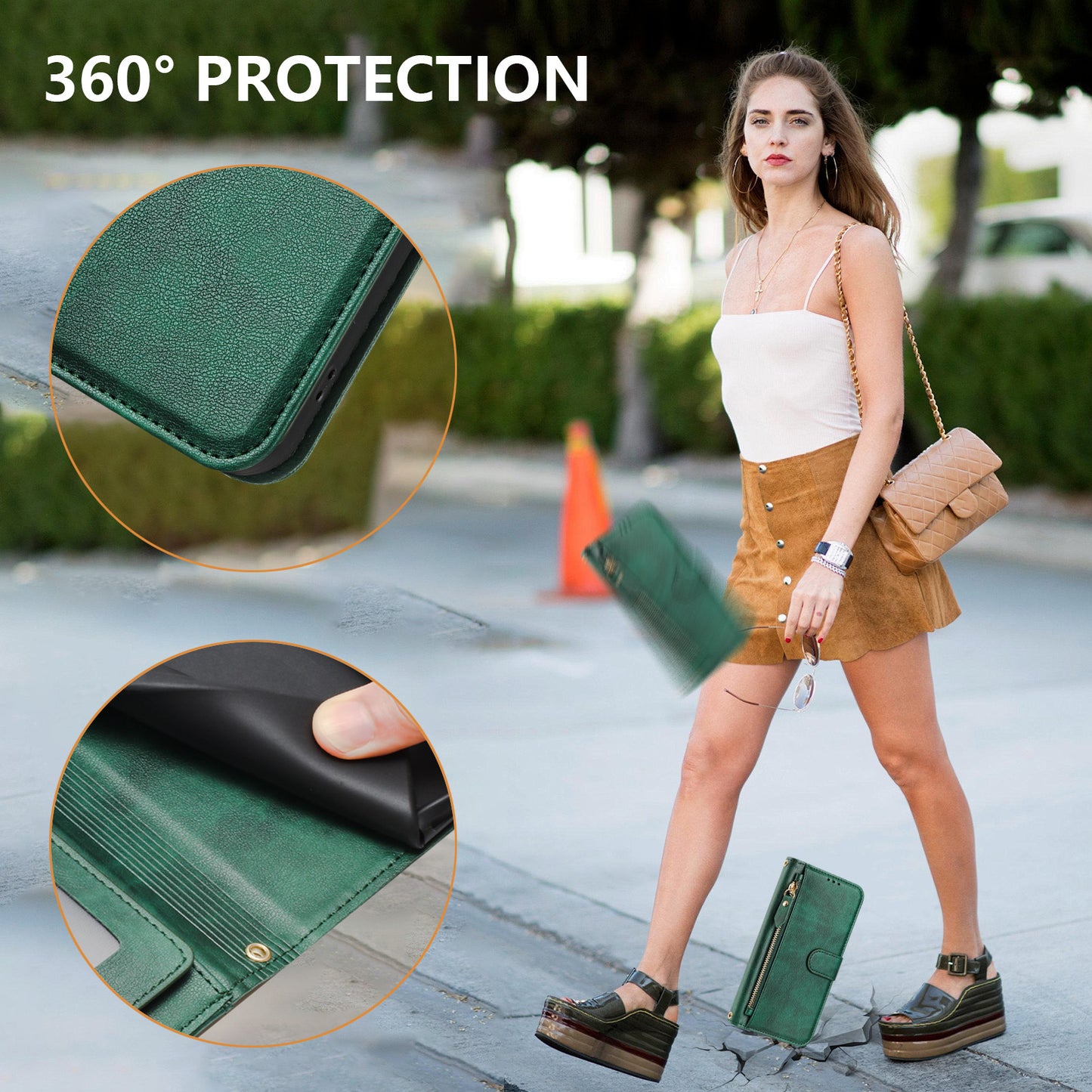 For iPhone 17 Pro Max Case Zipper Pocket Multiple Card Slots Leather Phone Cover - Green