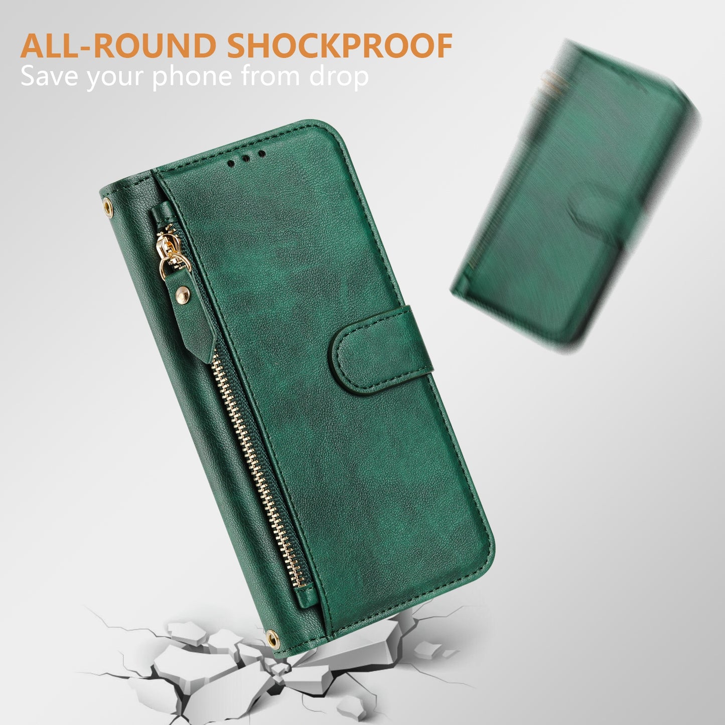 For iPhone 17 Pro Max Case Zipper Pocket Multiple Card Slots Leather Phone Cover - Green