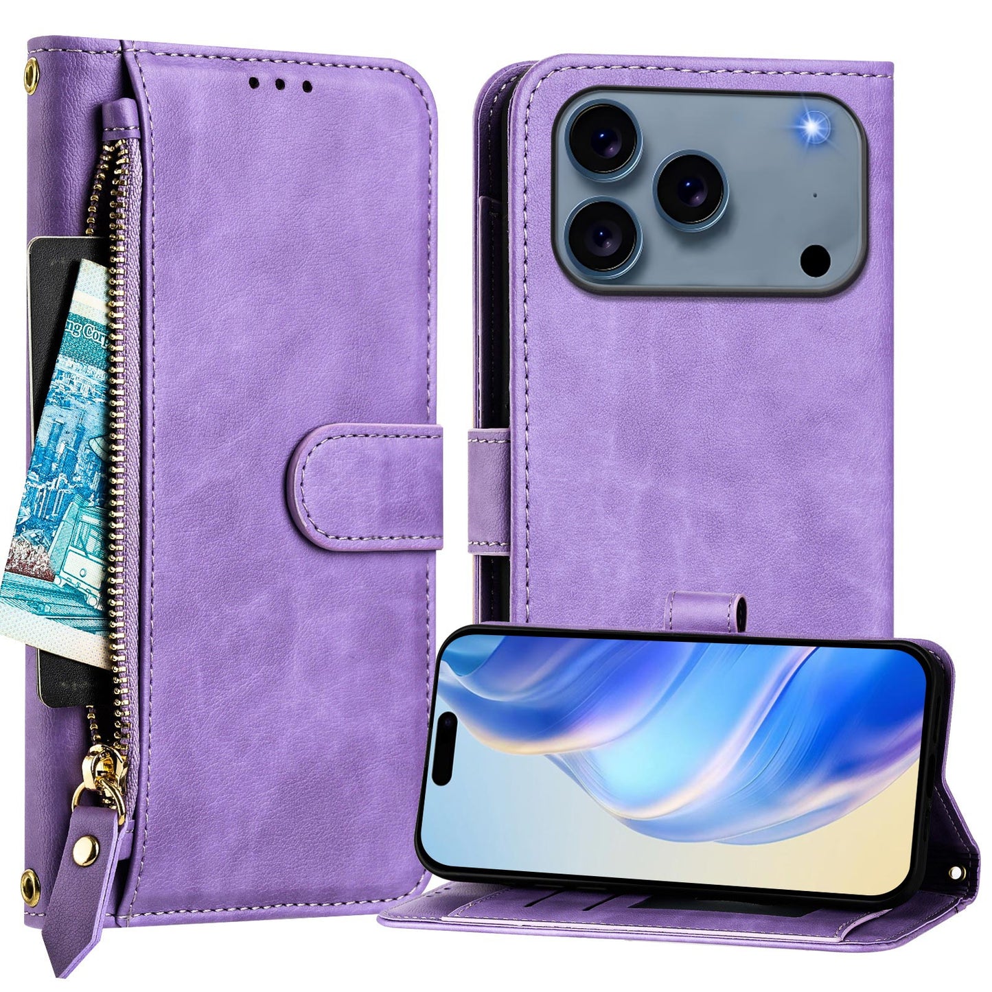 For iPhone 17 Pro Max Case Zipper Pocket Multiple Card Slots Leather Phone Cover - Purple