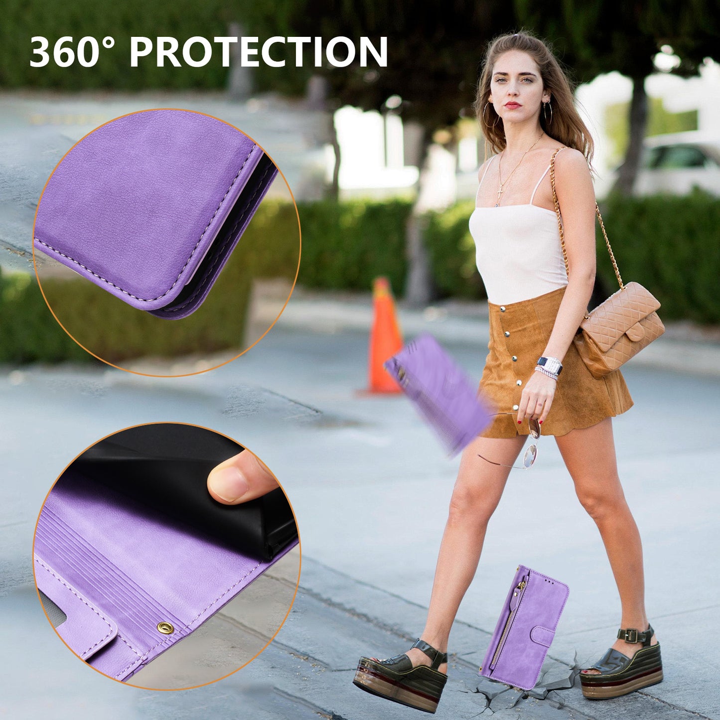 For iPhone 17 Pro Max Case Zipper Pocket Multiple Card Slots Leather Phone Cover - Purple