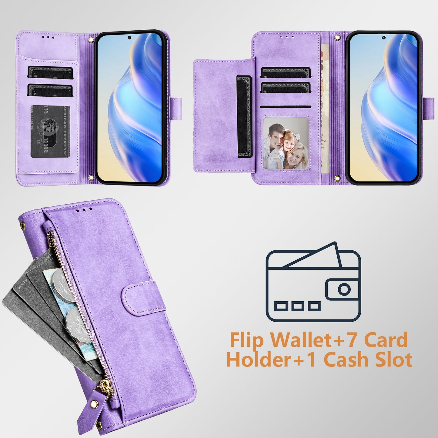 For iPhone 17 Pro Max Case Zipper Pocket Multiple Card Slots Leather Phone Cover - Purple