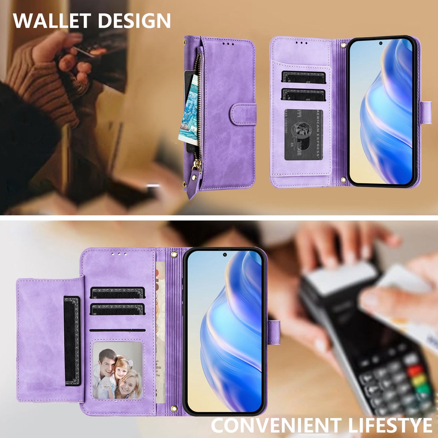 For iPhone 17 Pro Max Case Zipper Pocket Multiple Card Slots Leather Phone Cover - Purple