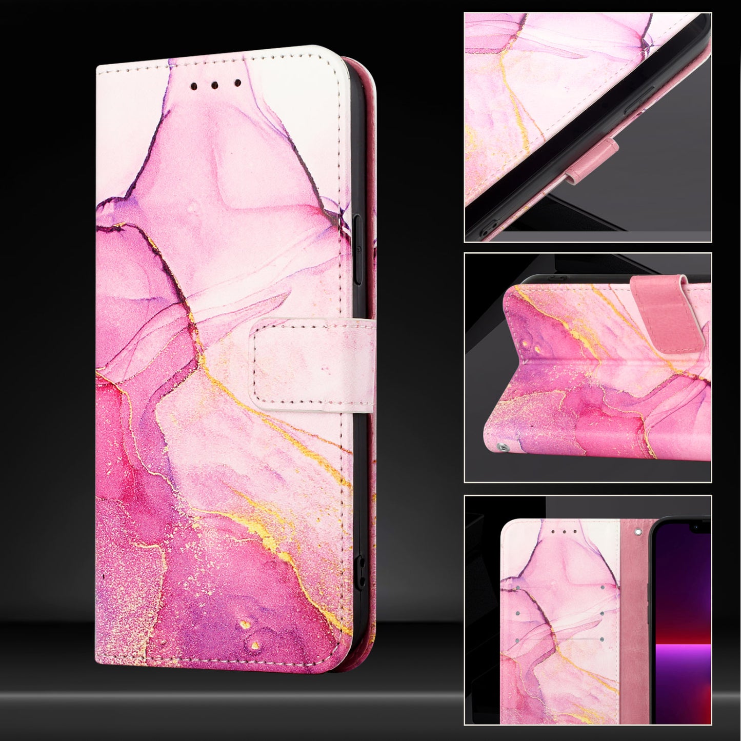For iPhone 17 Pro Max Case with Strap Marble Pattern Leather Phone Cover Card Holder - Pink / Purple / Gold LS001