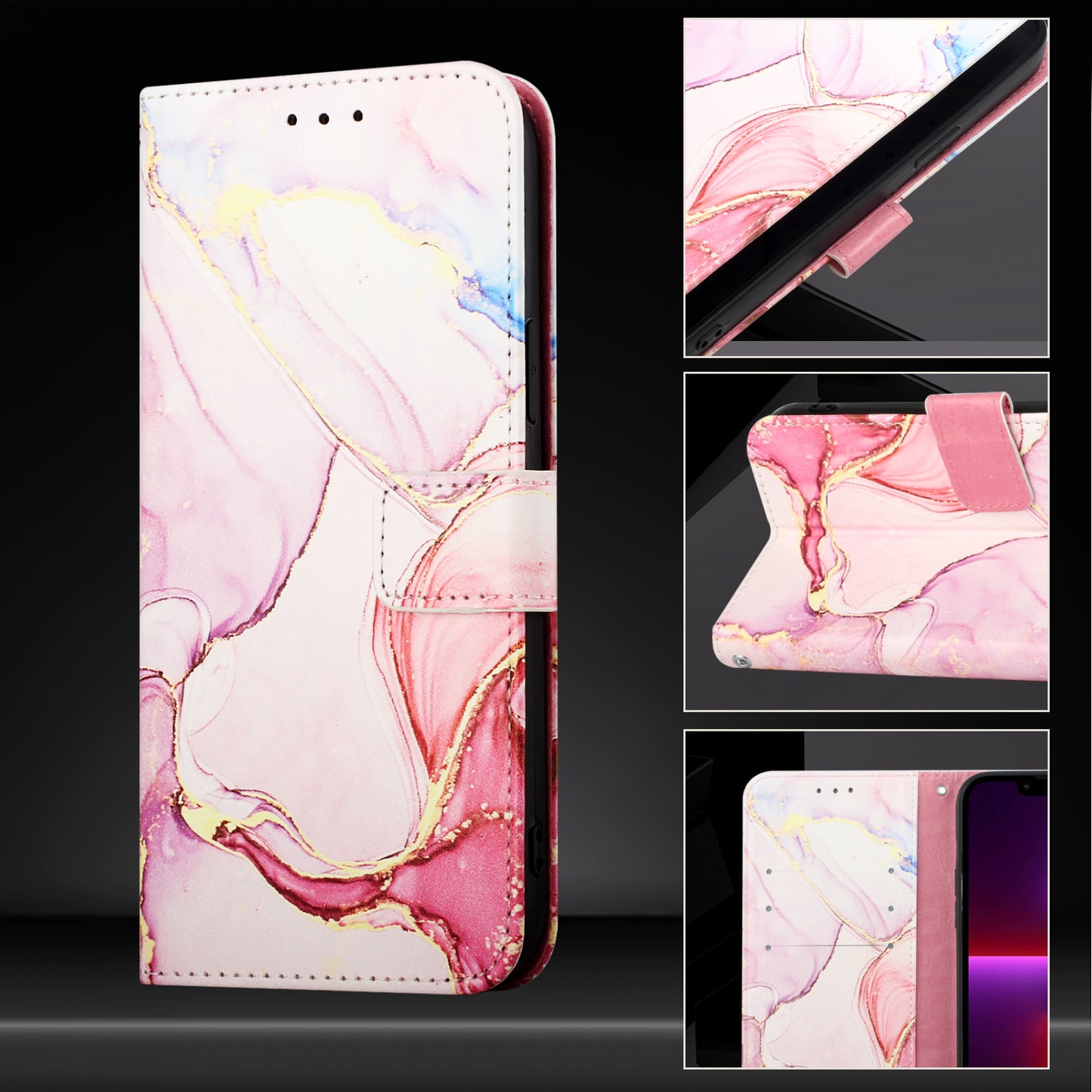 For iPhone 17 Pro Max Case with Strap Marble Pattern Leather Phone Cover Card Holder - Rose Gold LS005