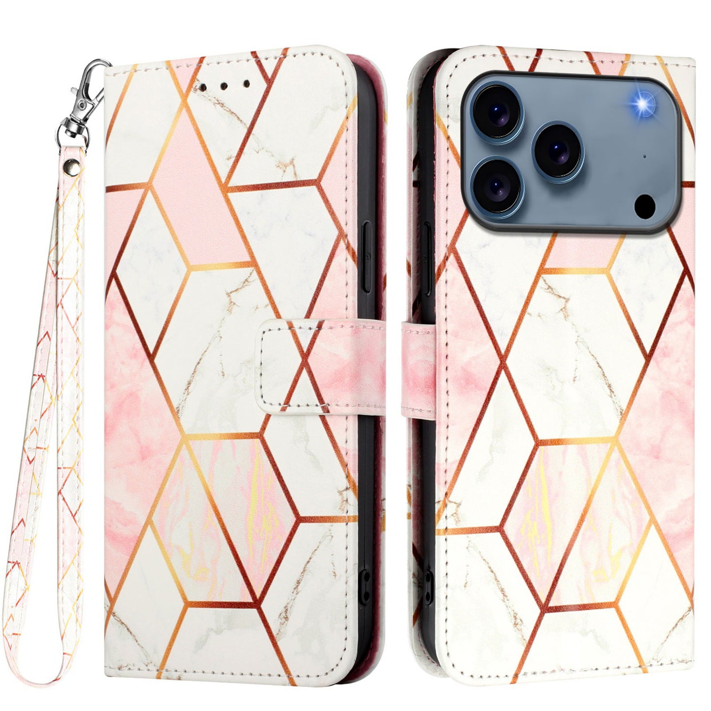 For iPhone 17 Pro Max Case with Strap Marble Pattern Leather Phone Cover Card Holder - Pink / White LS002