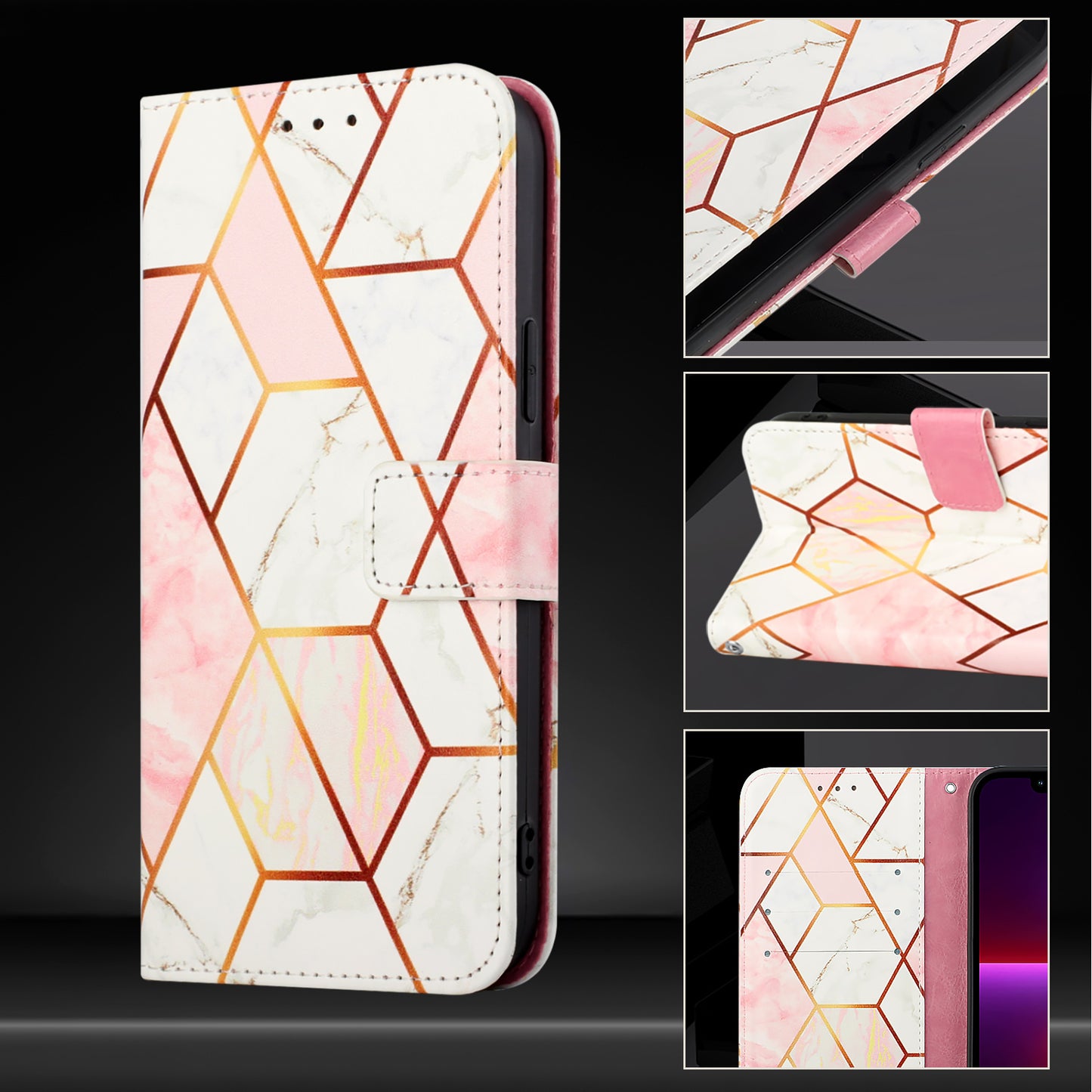 For iPhone 17 Pro Max Case with Strap Marble Pattern Leather Phone Cover Card Holder - Pink / White LS002