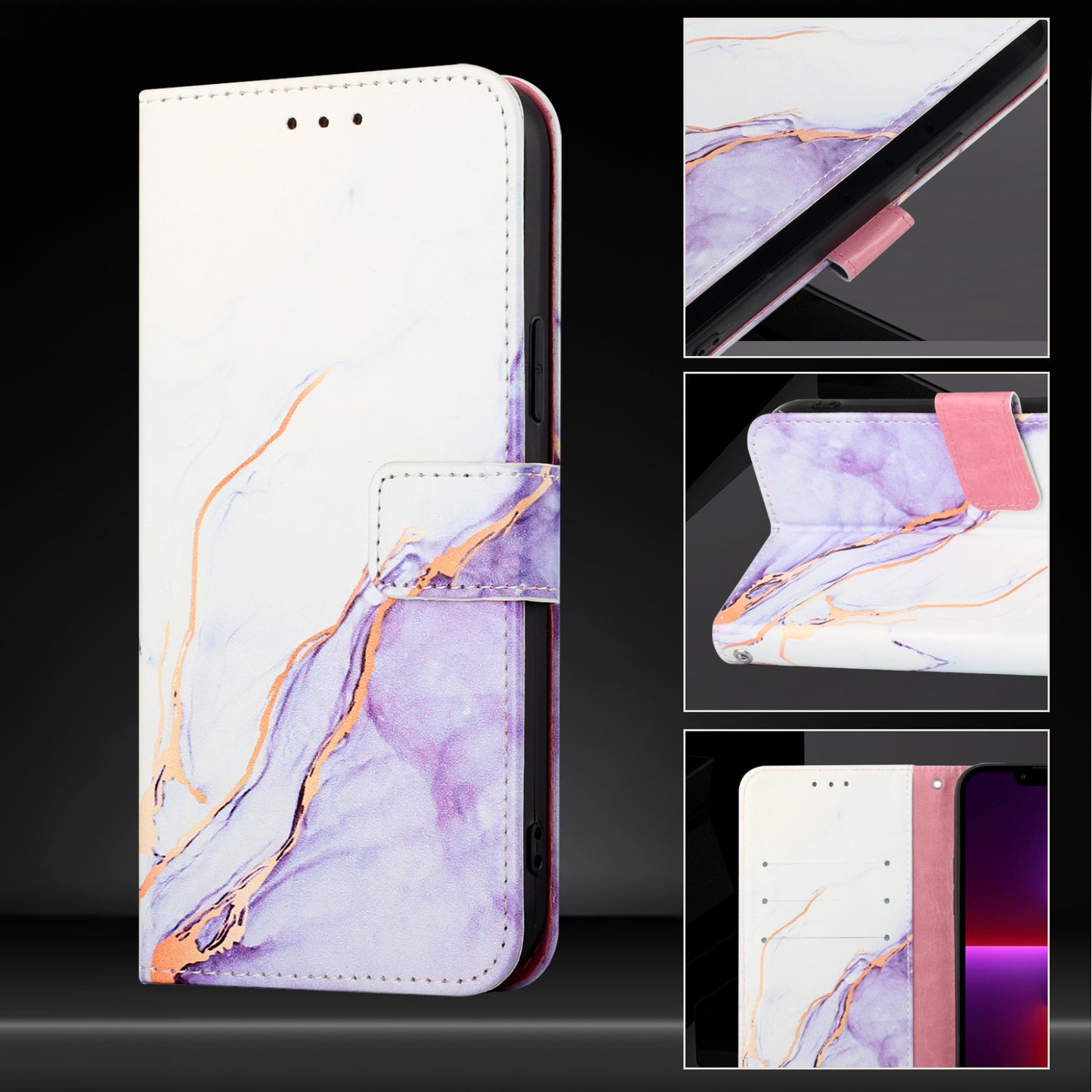 For iPhone 17 Pro Max Case with Strap Marble Pattern Leather Phone Cover Card Holder - White / Purple LS006