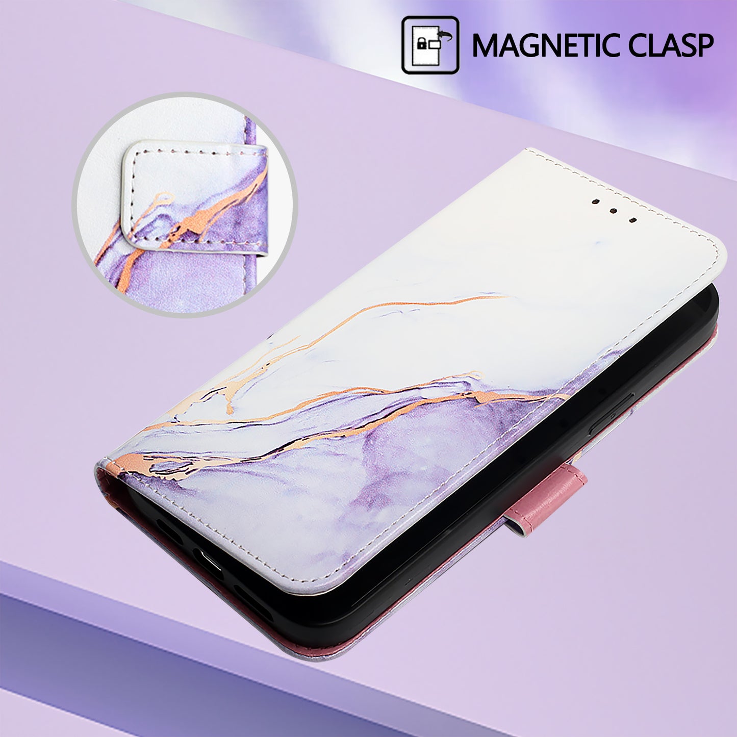 For iPhone 17 Pro Max Case with Strap Marble Pattern Leather Phone Cover Card Holder - White / Purple LS006