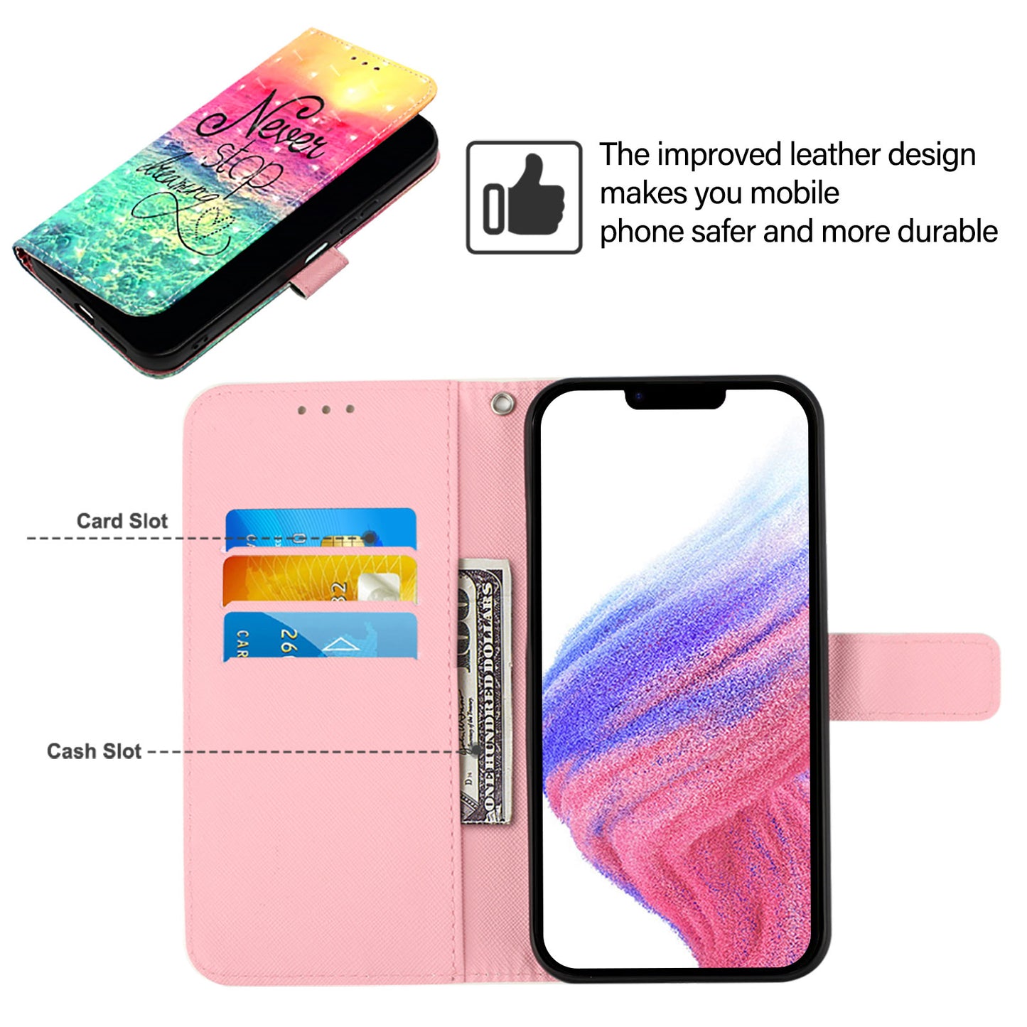 For iPhone 17 Pro Max Leather Case Pattern Printing Wallet Stand Mobile Cover with Strap - Never Stop Dreaming