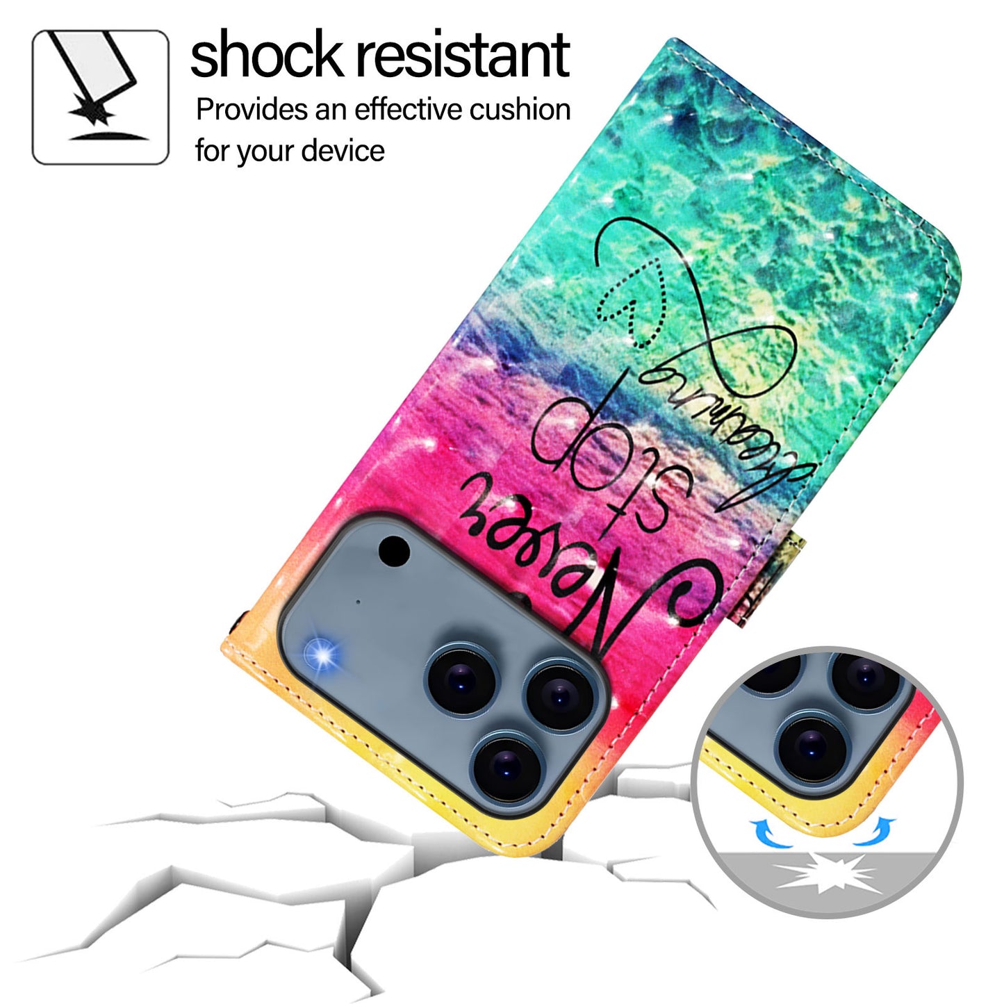 For iPhone 17 Pro Max Leather Case Pattern Printing Wallet Stand Mobile Cover with Strap - Never Stop Dreaming