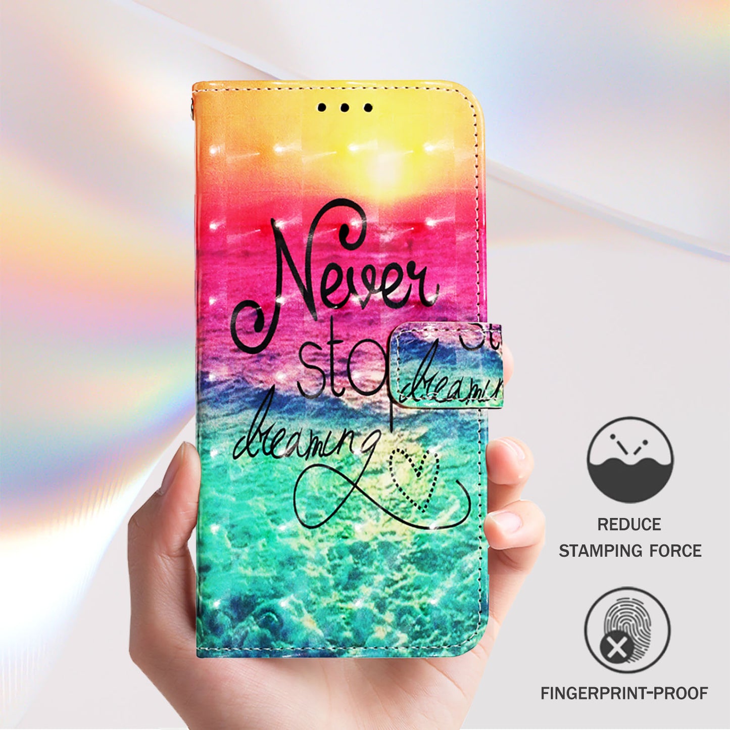 For iPhone 17 Pro Max Leather Case Pattern Printing Wallet Stand Mobile Cover with Strap - Never Stop Dreaming