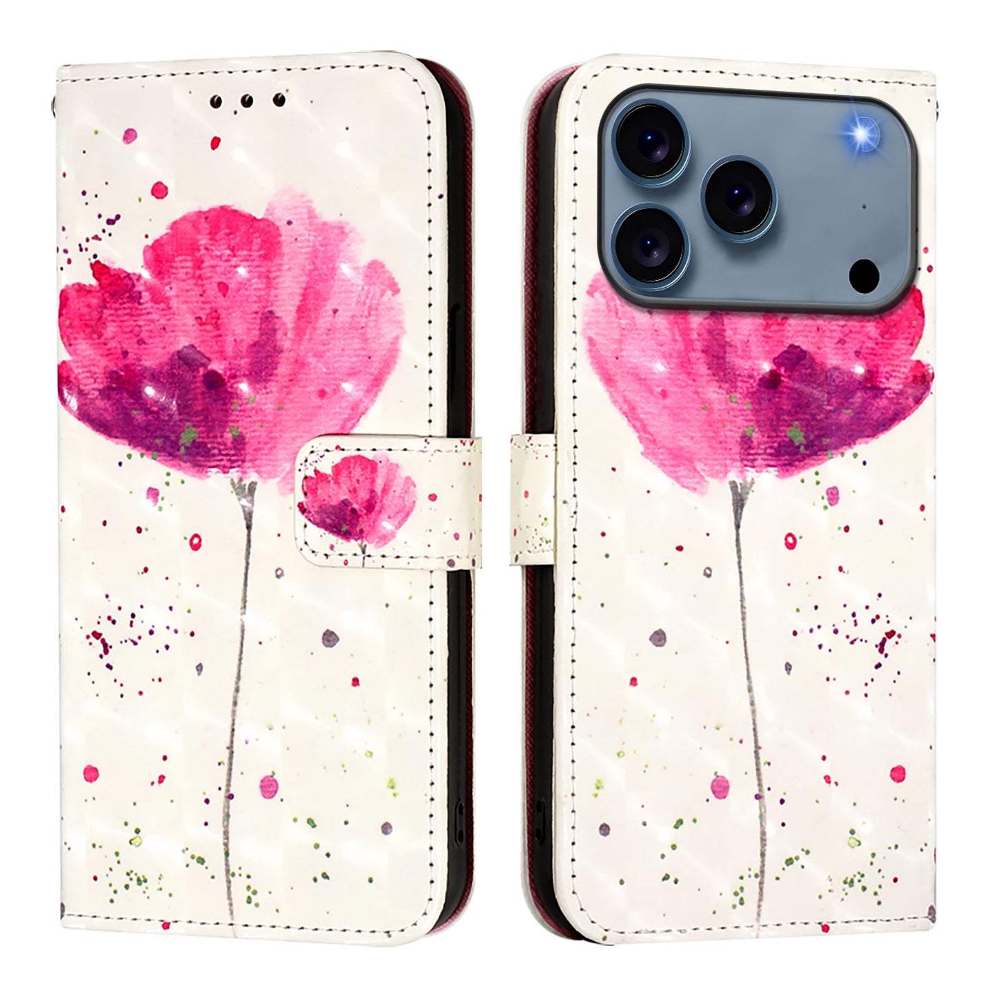 For iPhone 17 Pro Max Leather Case Pattern Printing Wallet Stand Mobile Cover with Strap - Flower