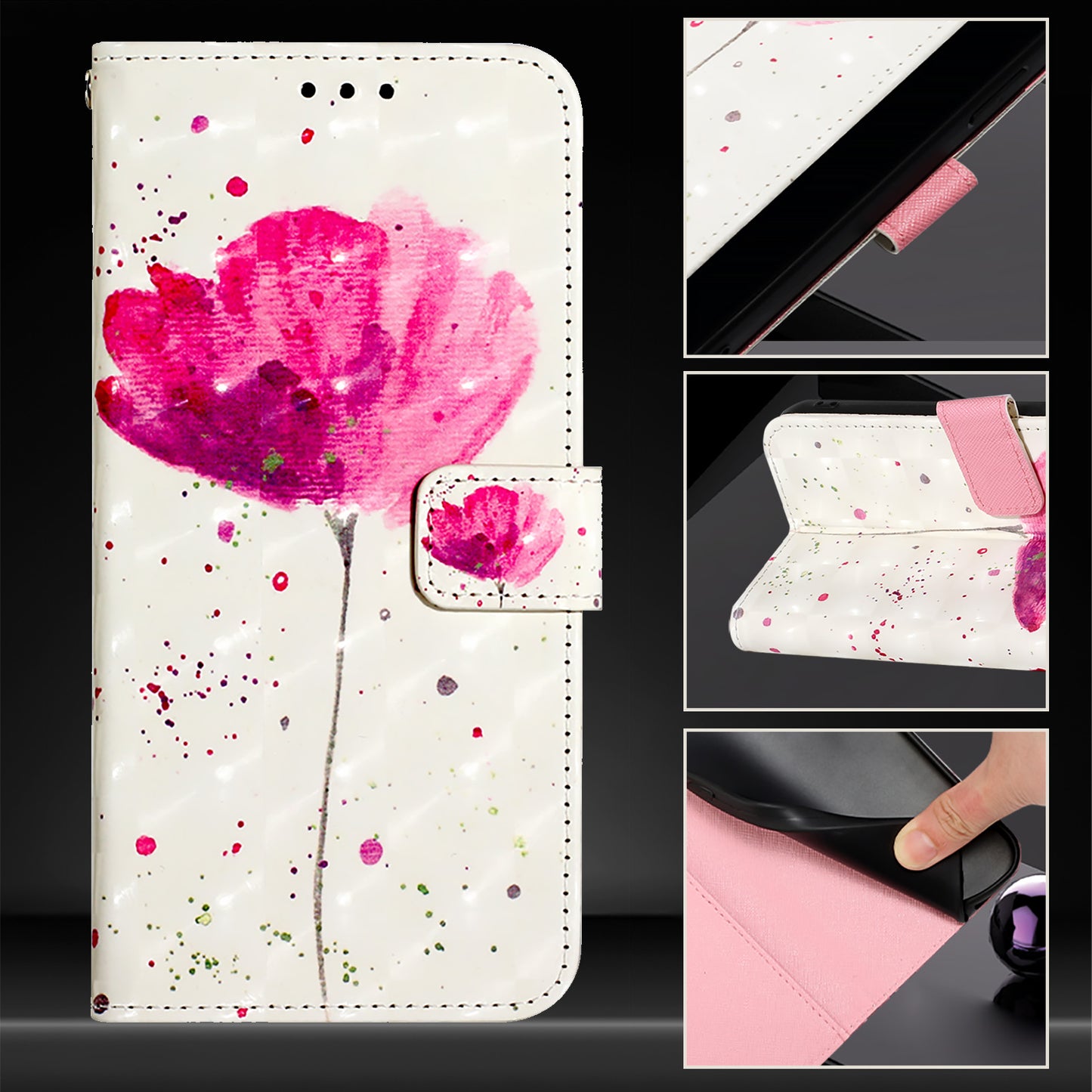 For iPhone 17 Pro Max Leather Case Pattern Printing Wallet Stand Mobile Cover with Strap - Flower