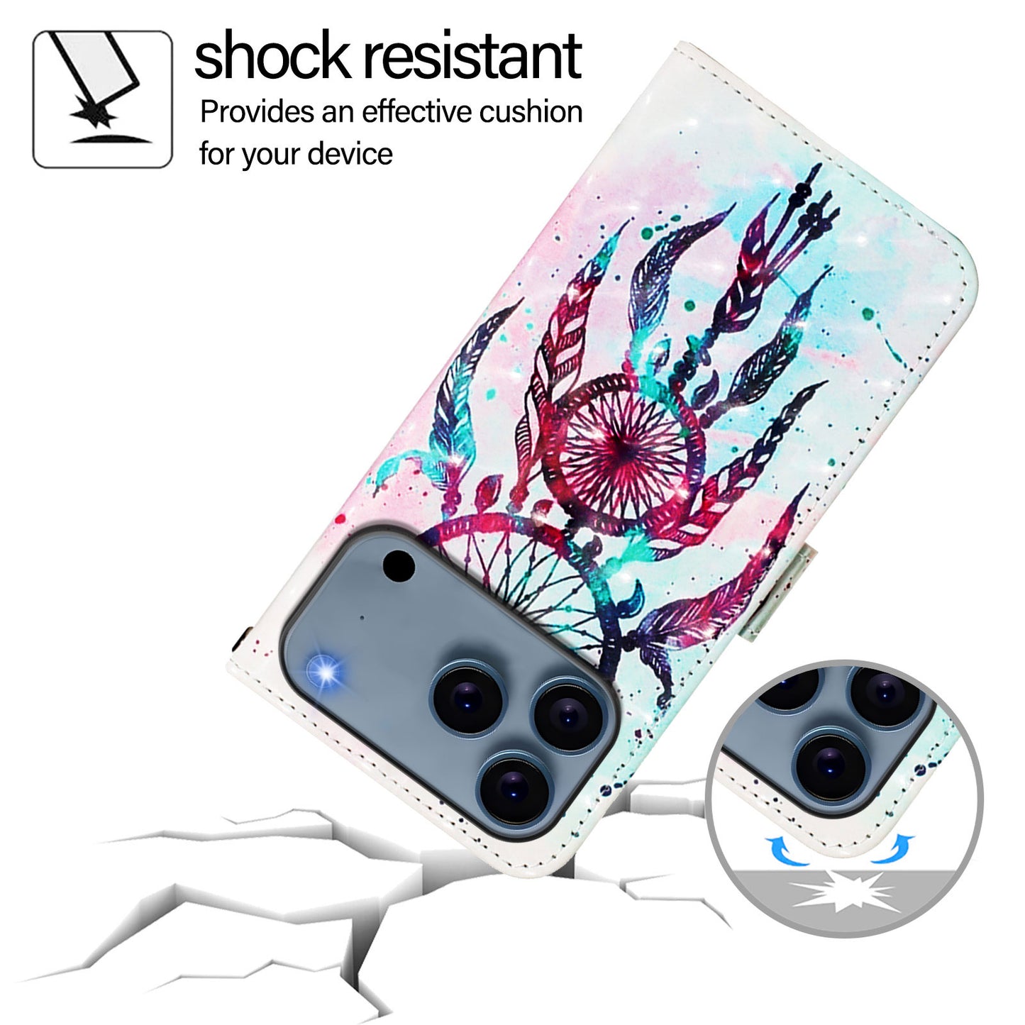 For iPhone 17 Pro Max Leather Case Pattern Printing Wallet Stand Mobile Cover with Strap - Colorful Wind Chime