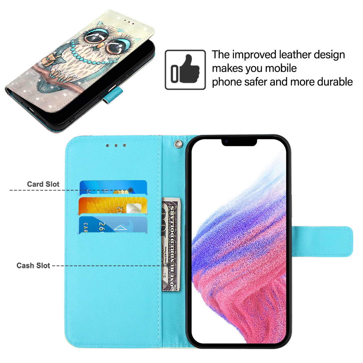 For iPhone 17 Pro Max Leather Case Pattern Printing Wallet Stand Mobile Cover with Strap - Grey Owl
