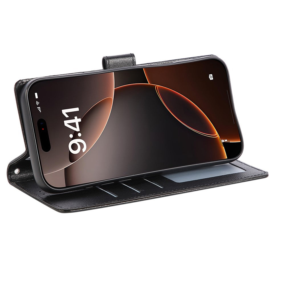 For iPhone 17 Pro Max Case Wallet Stand View PU Leather Phone Cover with Wrist Strap - Black