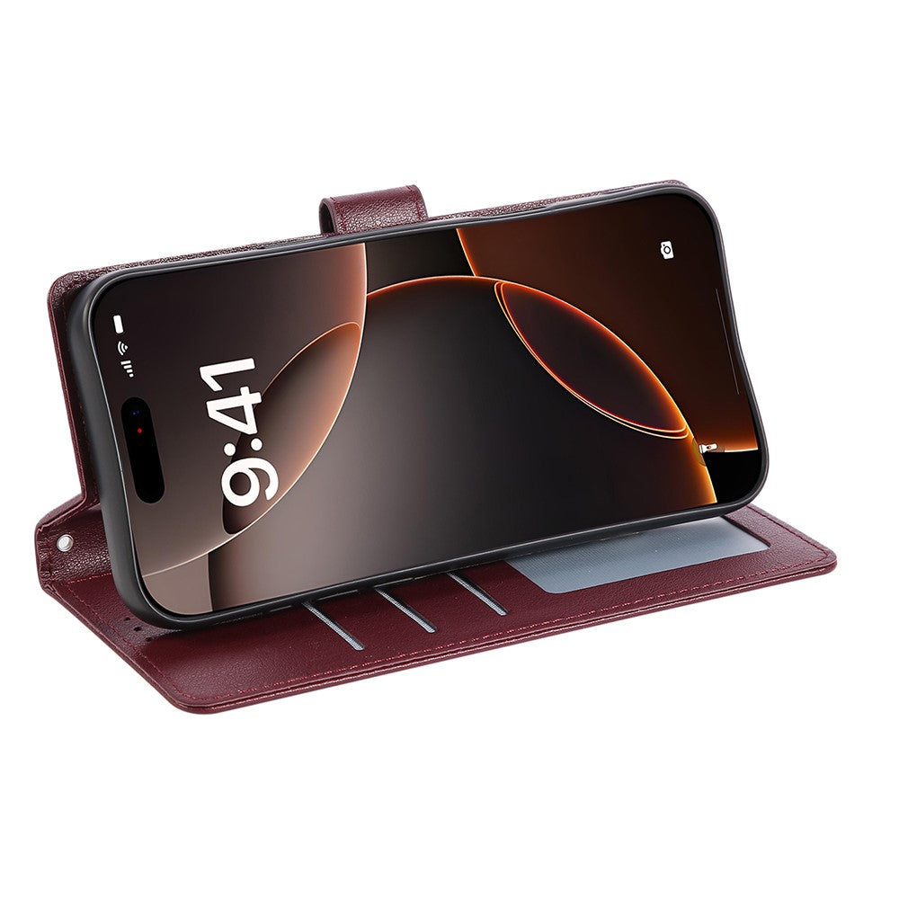 For iPhone 17 Pro Max Case Wallet Stand View PU Leather Phone Cover with Wrist Strap - Wine Red