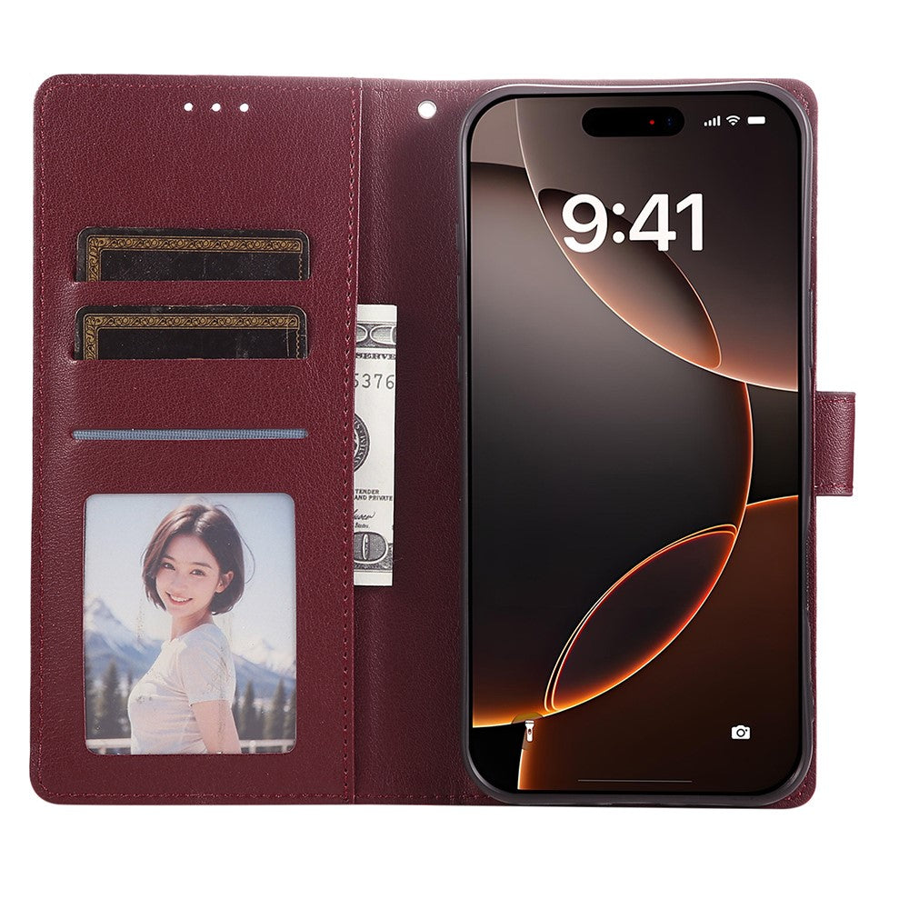 For iPhone 17 Pro Max Case Wallet Stand View PU Leather Phone Cover with Wrist Strap - Wine Red