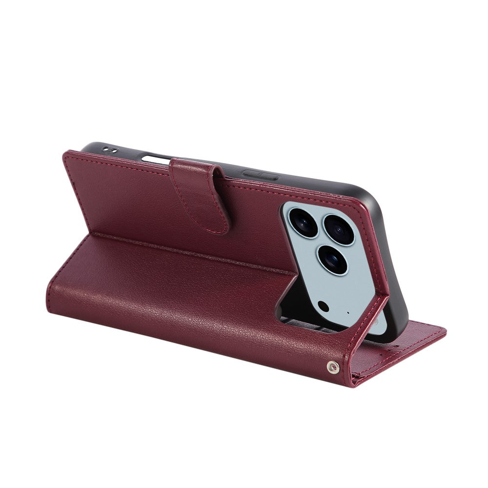 For iPhone 17 Pro Max Case Wallet Stand View PU Leather Phone Cover with Wrist Strap - Wine Red