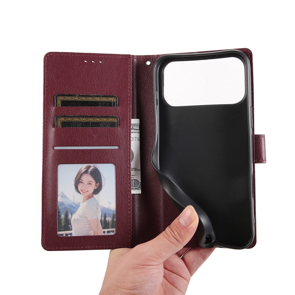 For iPhone 17 Pro Max Case Wallet Stand View PU Leather Phone Cover with Wrist Strap - Wine Red