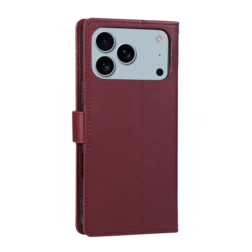 For iPhone 17 Pro Max Case Wallet Stand View PU Leather Phone Cover with Wrist Strap - Wine Red