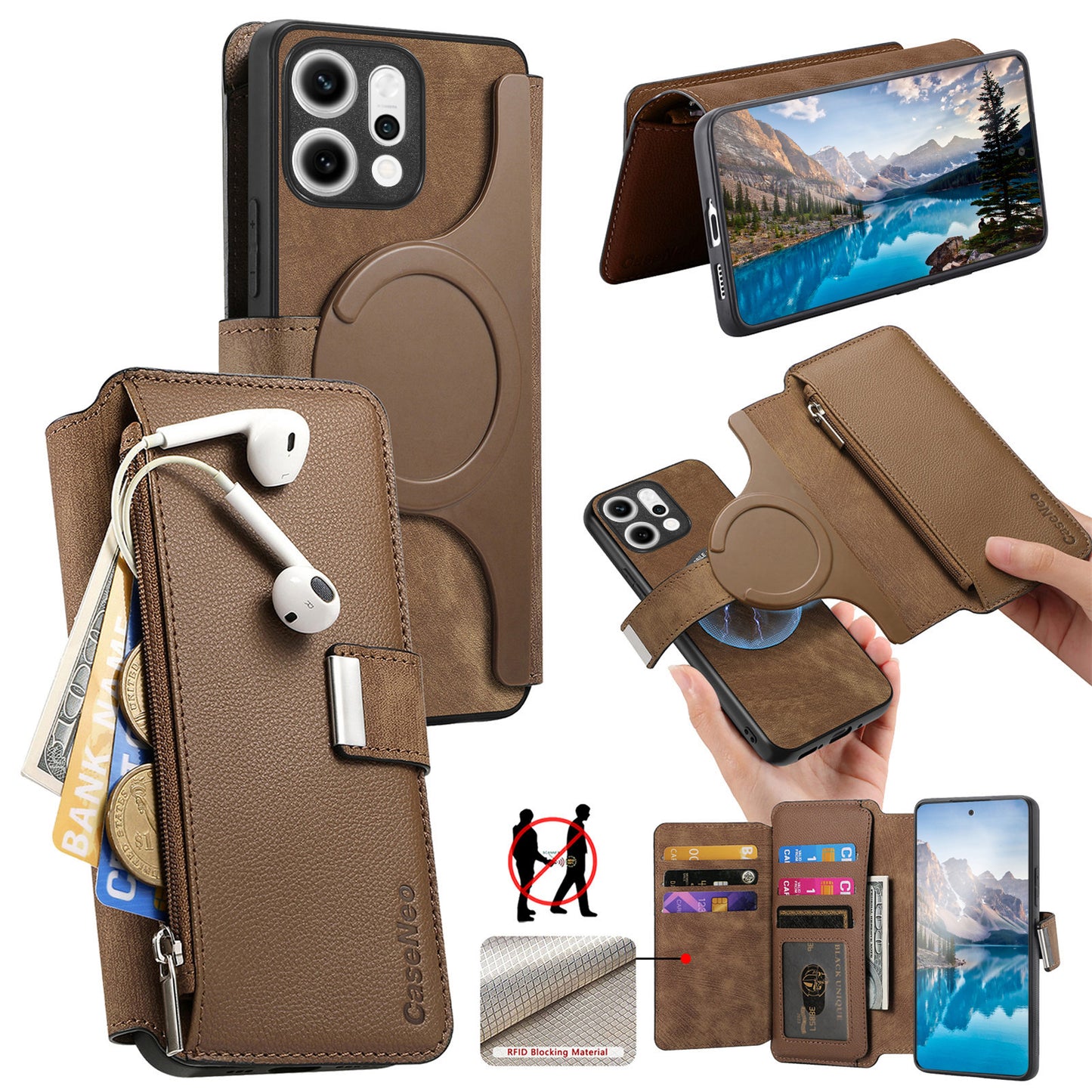For Oppo Reno14 Pro 5G (Global) Case CASENEO MW-02 Detachable Magnetic Leather Flip Phone Cover - Brown