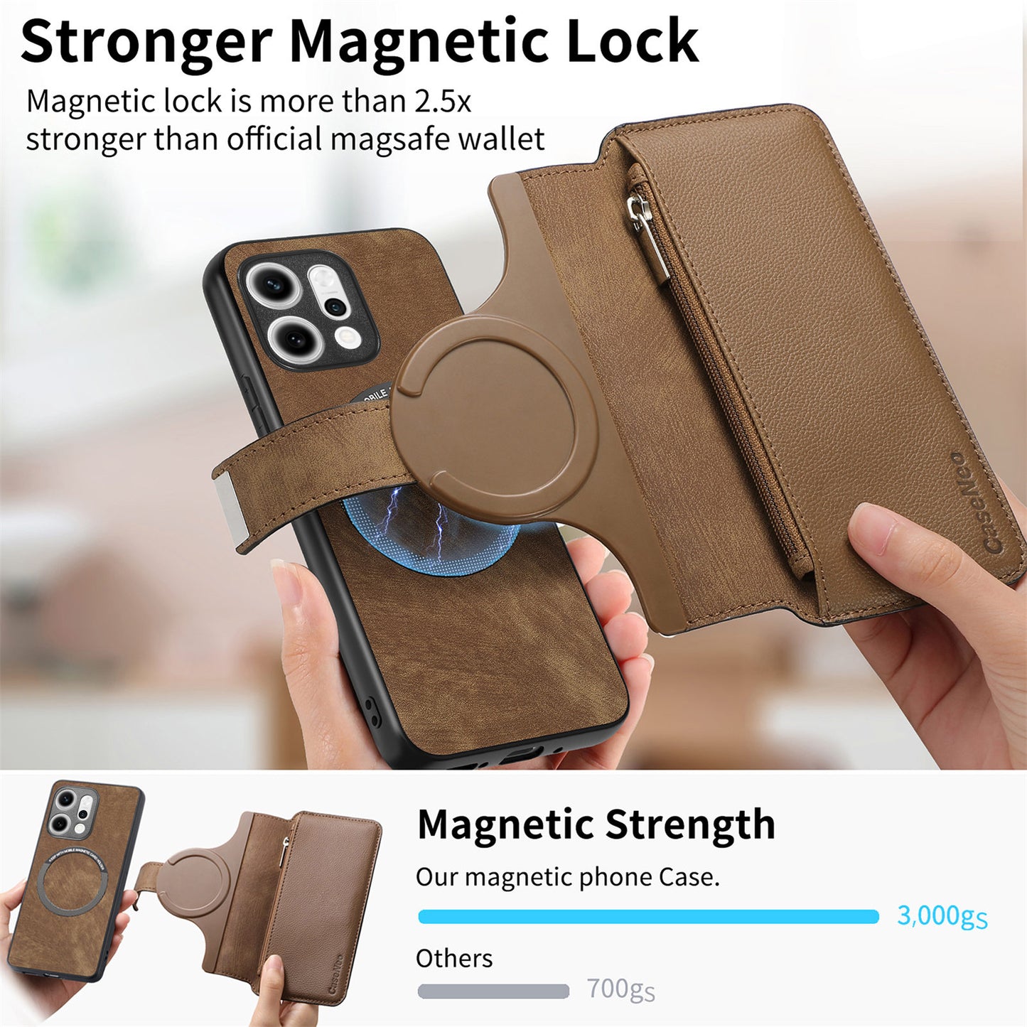 For Oppo Reno14 Pro 5G (Global) Case CASENEO MW-02 Detachable Magnetic Leather Flip Phone Cover - Brown