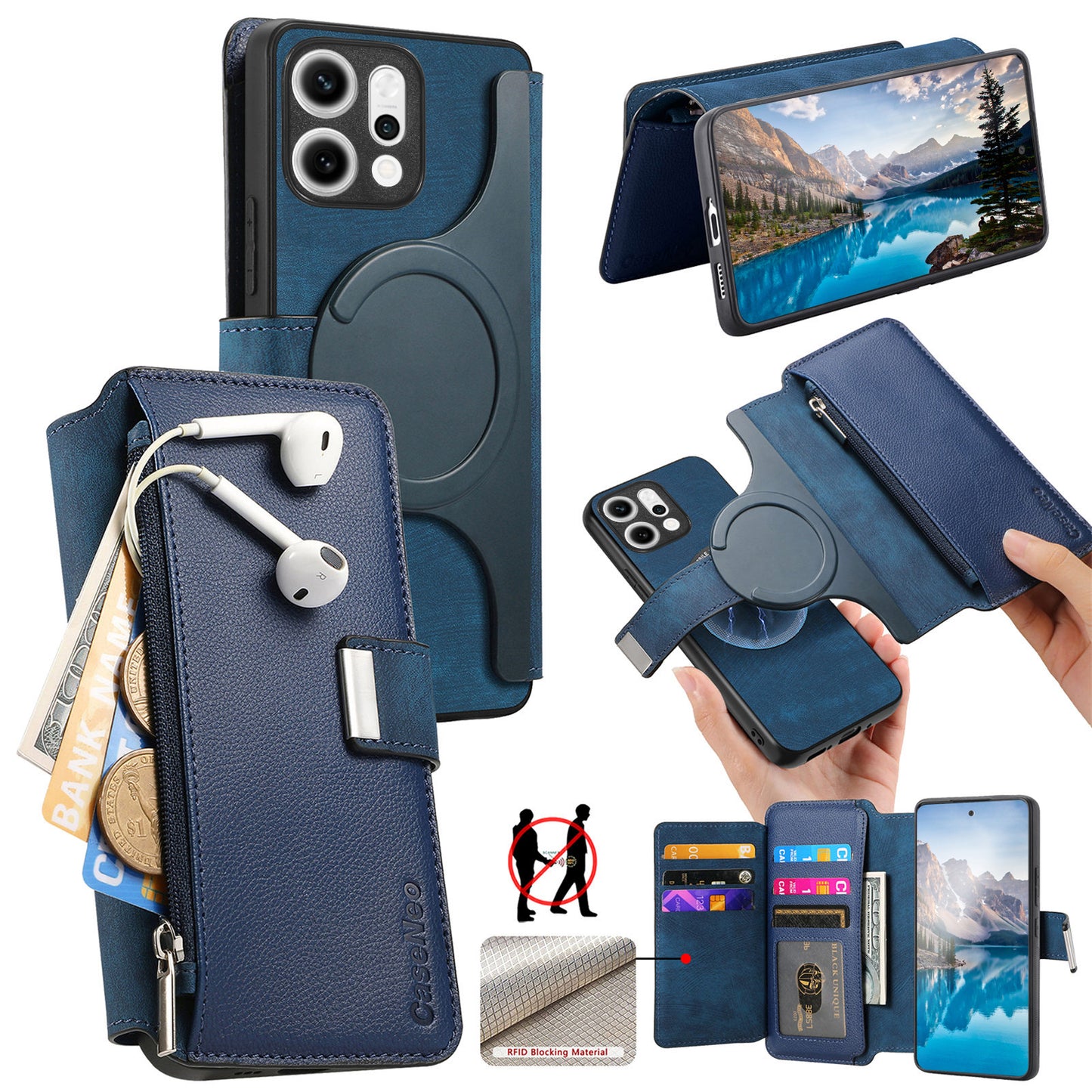 For Oppo Reno14 Pro 5G (Global) Case CASENEO MW-02 Detachable Magnetic Leather Flip Phone Cover - Dark Blue