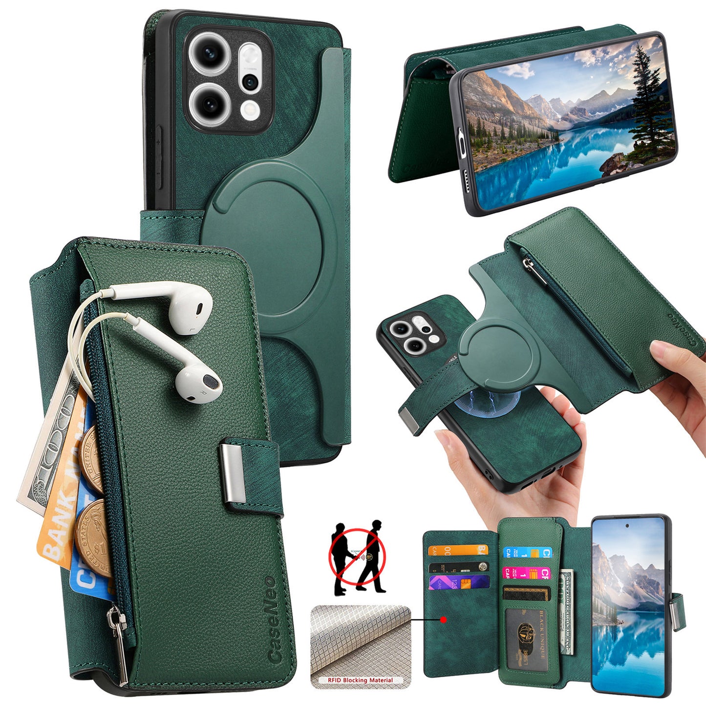 For Oppo Reno14 Pro 5G (Global) Case CASENEO MW-02 Detachable Magnetic Leather Flip Phone Cover - Green