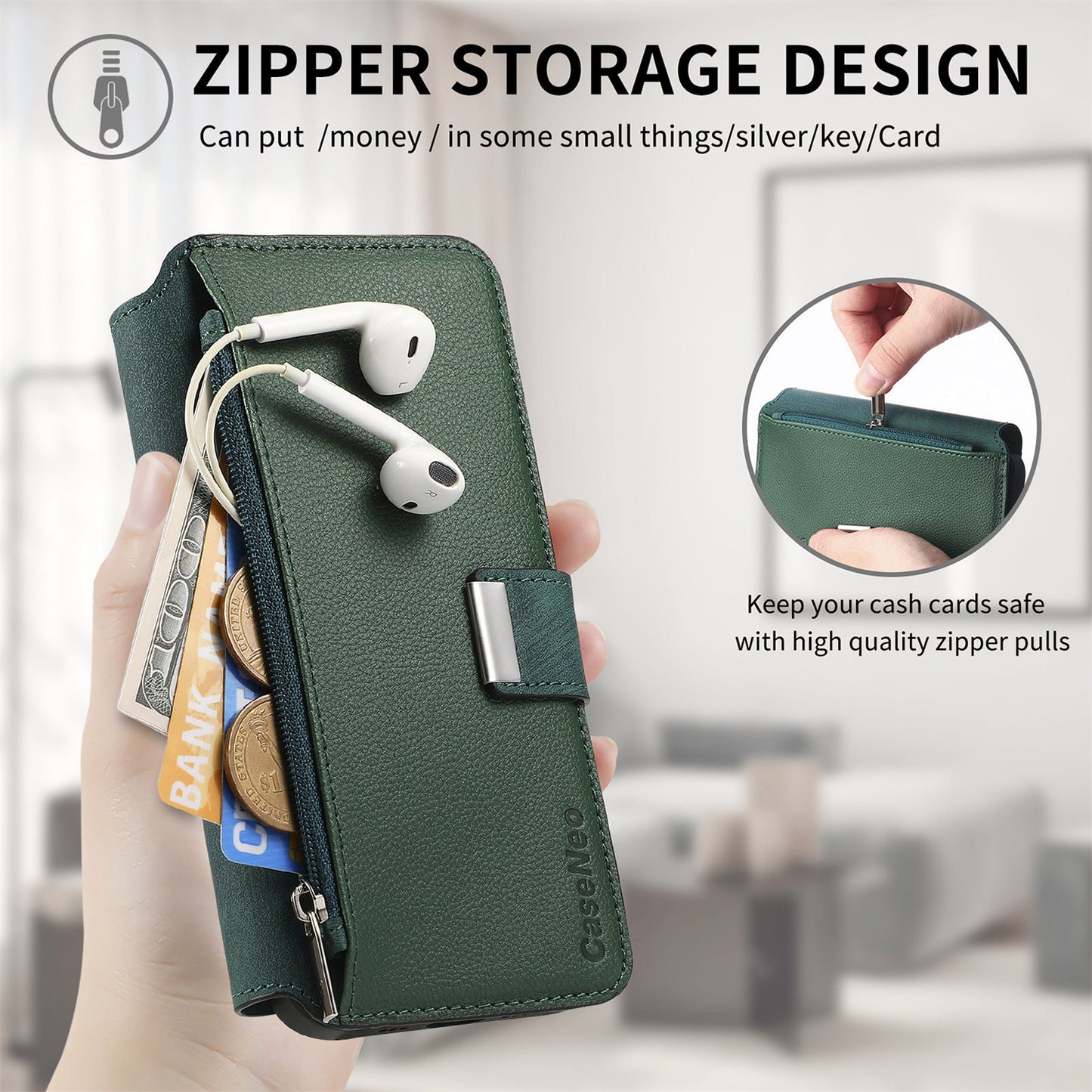 For Oppo Reno14 Pro 5G (Global) Case CASENEO MW-02 Detachable Magnetic Leather Flip Phone Cover - Green