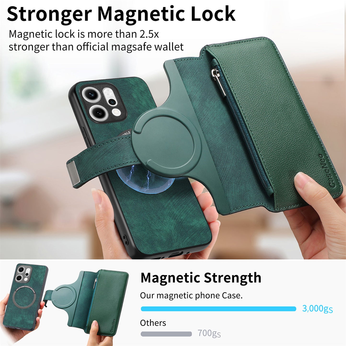 For Oppo Reno14 Pro 5G (Global) Case CASENEO MW-02 Detachable Magnetic Leather Flip Phone Cover - Green
